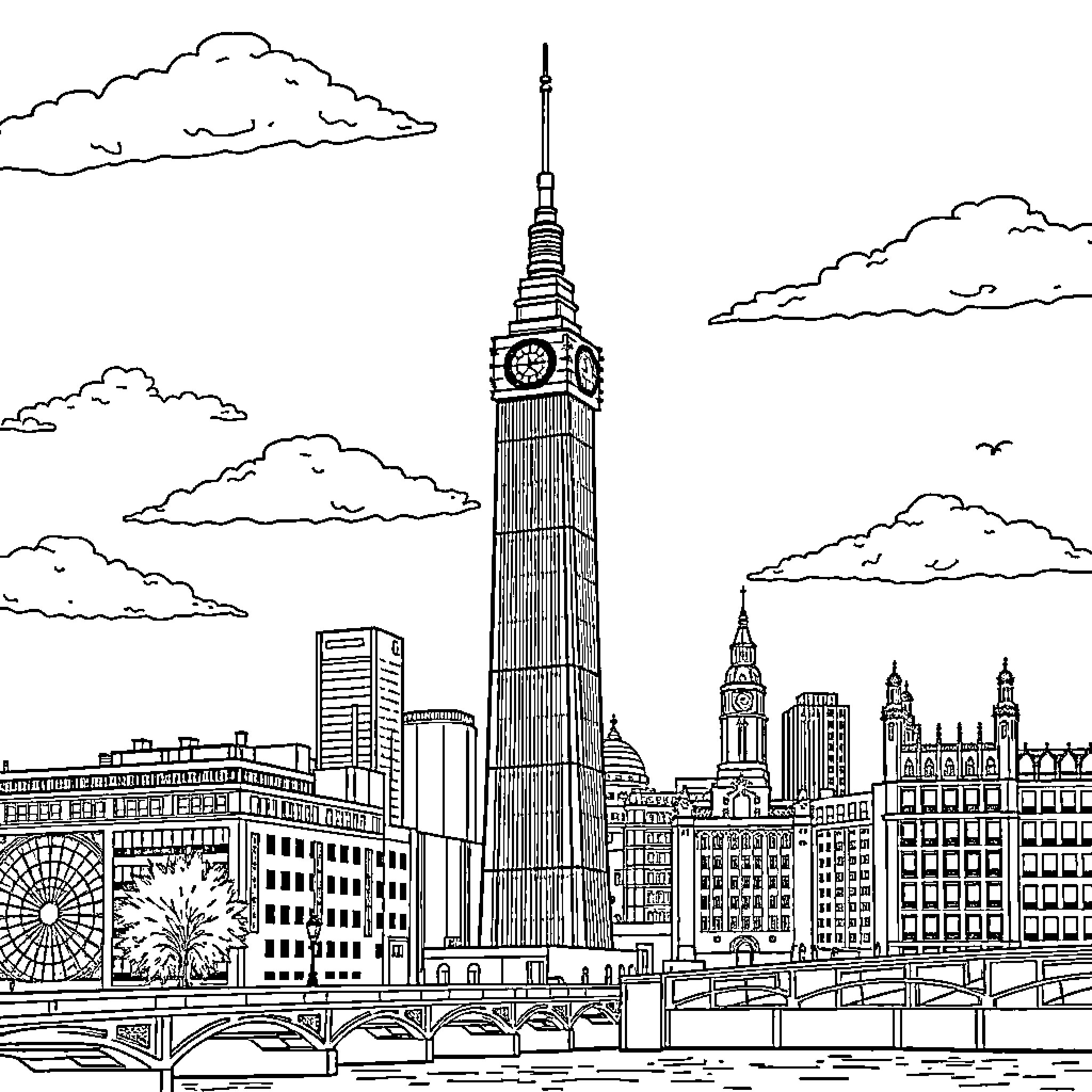 BT Tower skyline with iconic landmarks Coloring Page (free black-and-white line drawing printable PDF for all, from beginners to advanced learners, including children, teens, adults, and seniors)