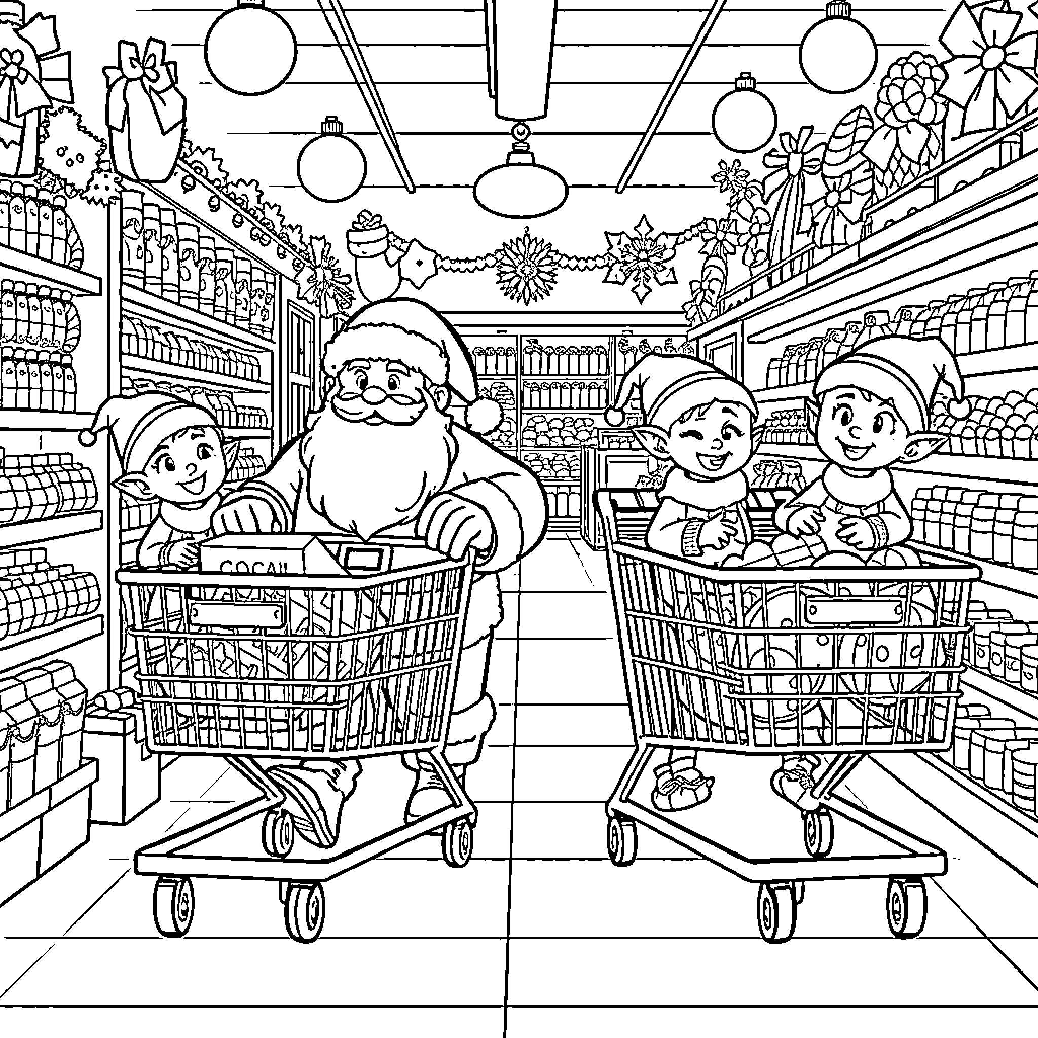 Santa Shopping with Elves at the Holiday Store Coloring Page (free black-and-white line drawing printable PDF for all, from beginners to advanced learners, including children, teens, adults, and seniors)
