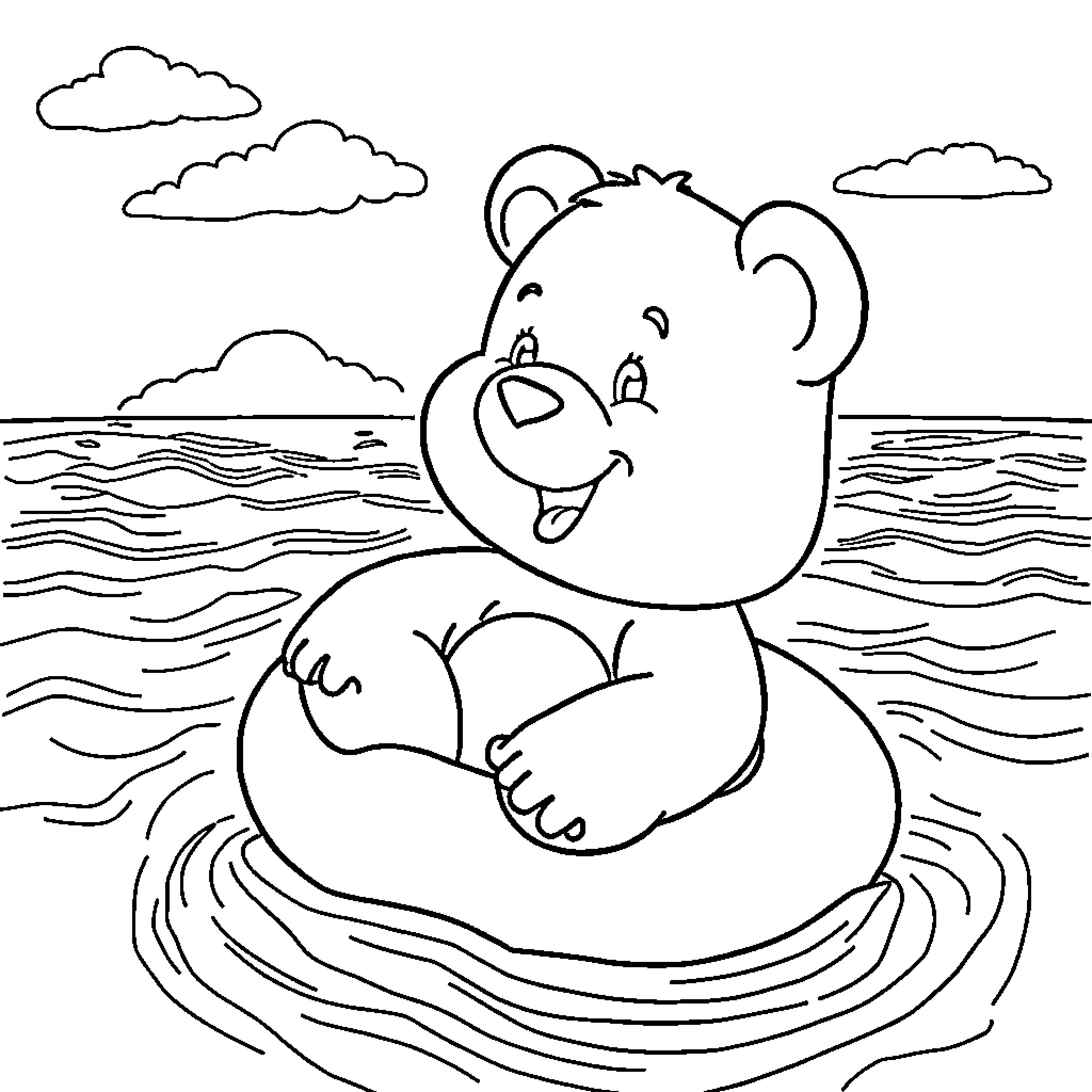 Care Bear relaxing in the ocean waves Coloring Page (free black-and-white line drawing printable PDF for all, from beginners to advanced learners, including children, teens, adults, and seniors)