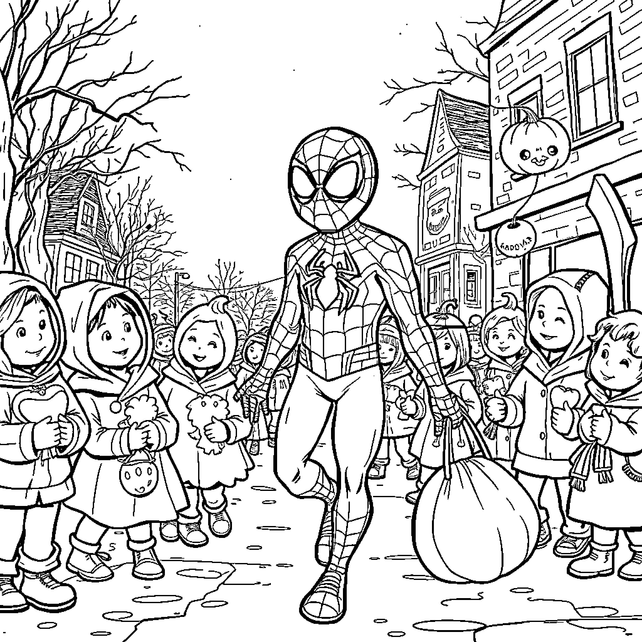 Spiderman surrounded by children in a winter scene Coloring Page (free black-and-white line drawing printable PDF for all, from beginners to advanced learners, including children, teens, adults, and seniors)