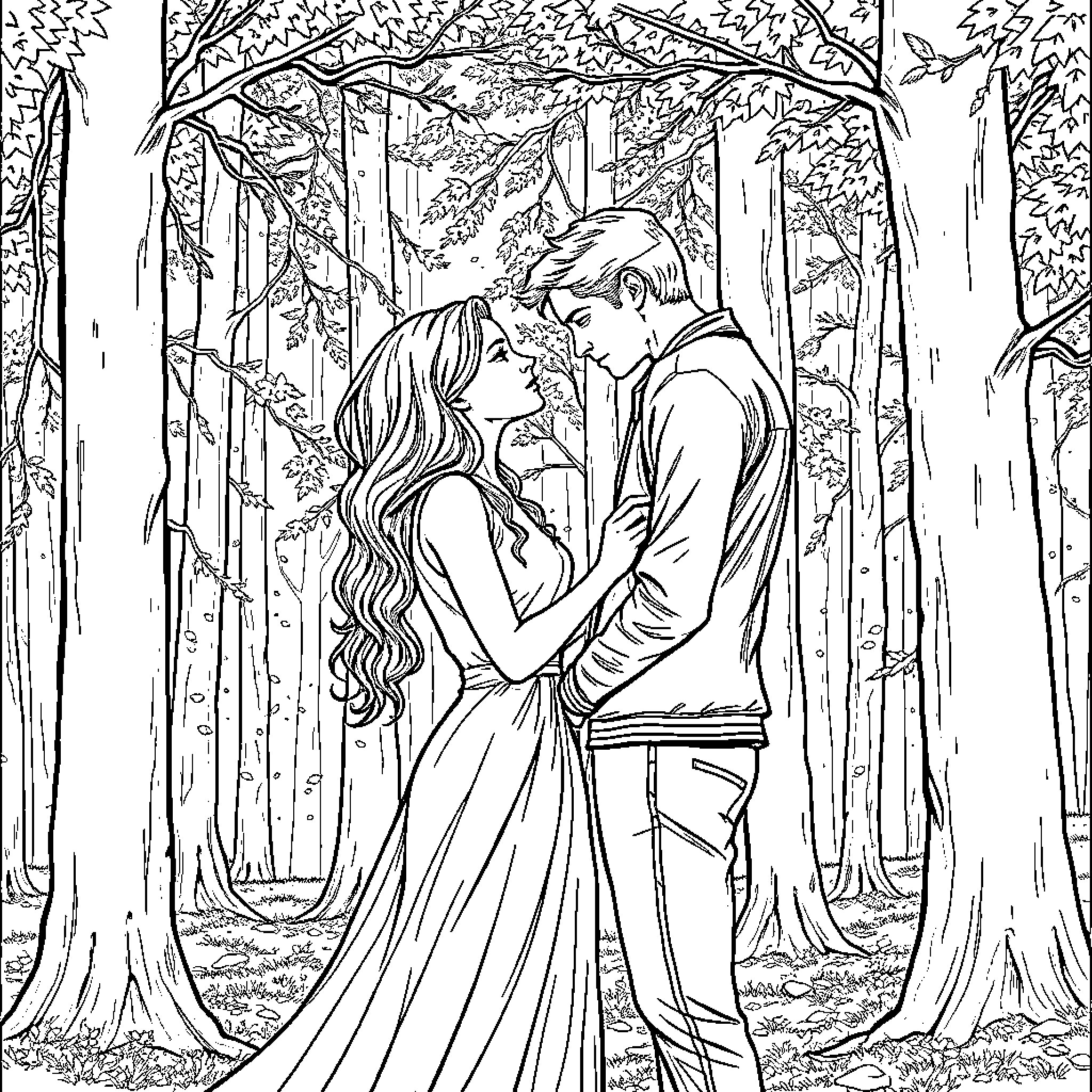 Bella and Edward's Romantic Embrace in the Enchanted Forest Coloring Page (free black-and-white line drawing printable PDF for all, from beginners to advanced learners, including children, teens, adults, and seniors)