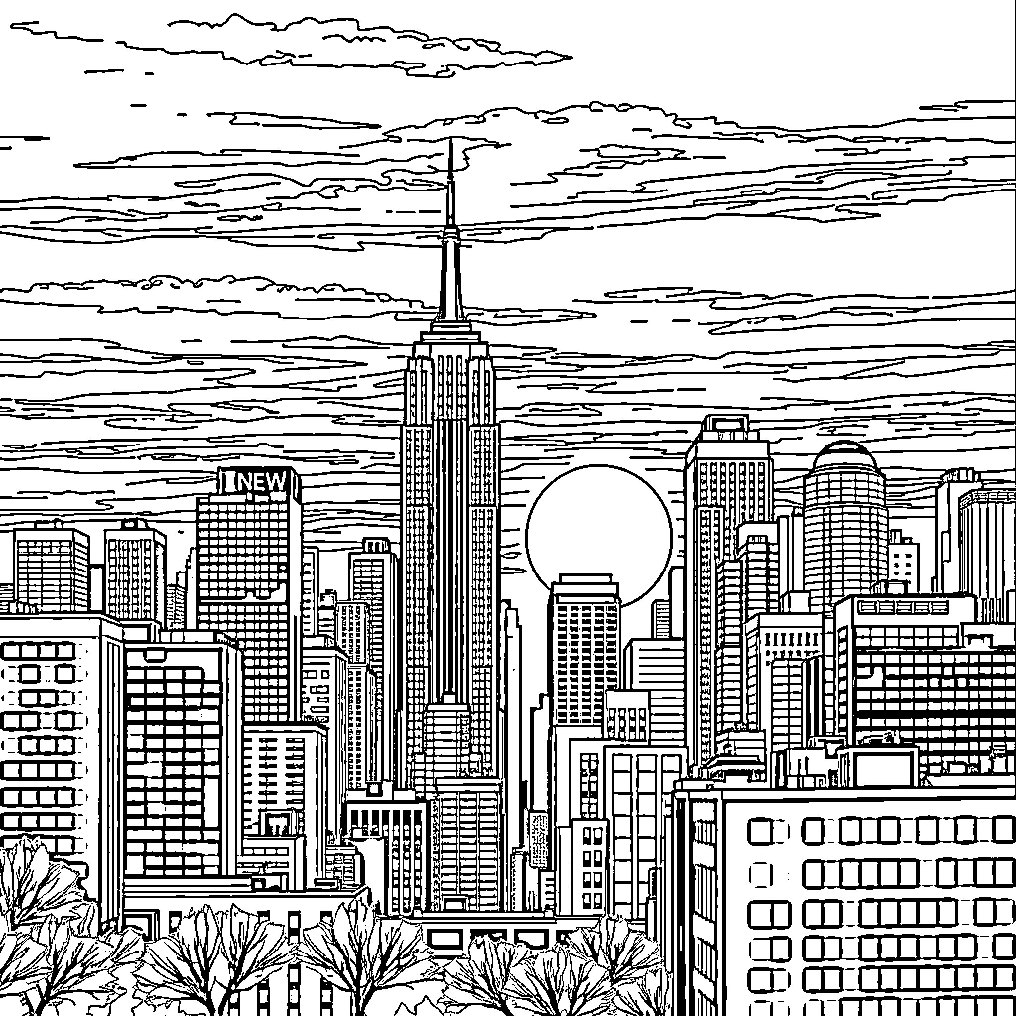 New York City Skyline with Iconic Landmarks and Skyscrapers Coloring Page (free black-and-white line drawing printable PDF for all, from beginners to advanced learners, including children, teens, adults, and seniors)