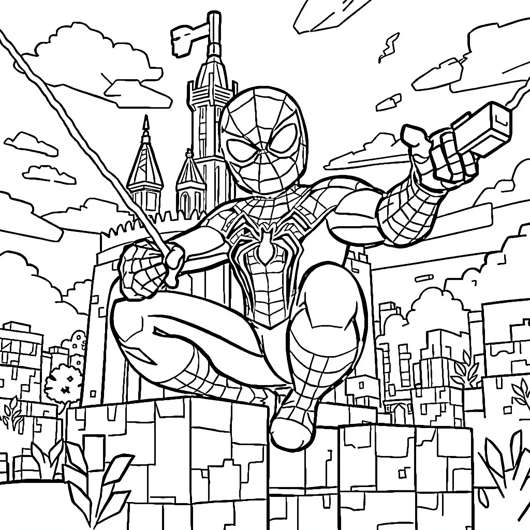 Spiderman swinging through the city skyline Coloring Page (free black-and-white line drawing printable PDF for all, from beginners to advanced learners, including children, teens, adults, and seniors)