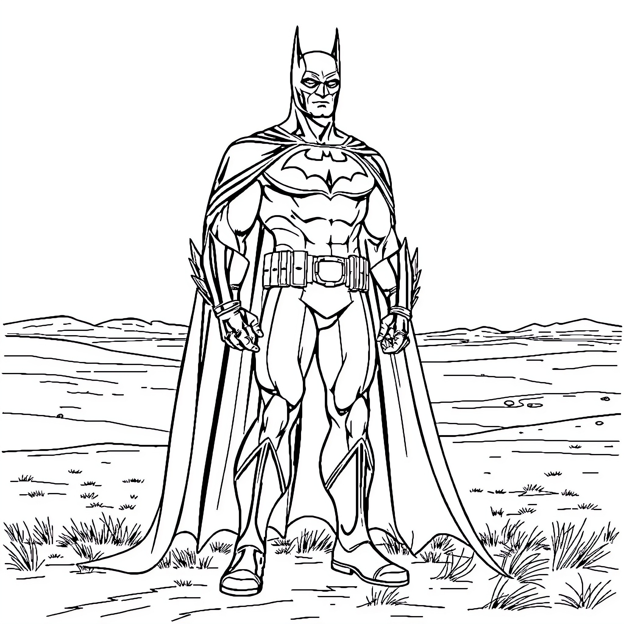 Batman's Heroic Pose in the Iconic Gotham Landscape Coloring Page (free black-and-white line drawing printable PDF for all, from beginners to advanced learners, including children, teens, adults, and seniors)