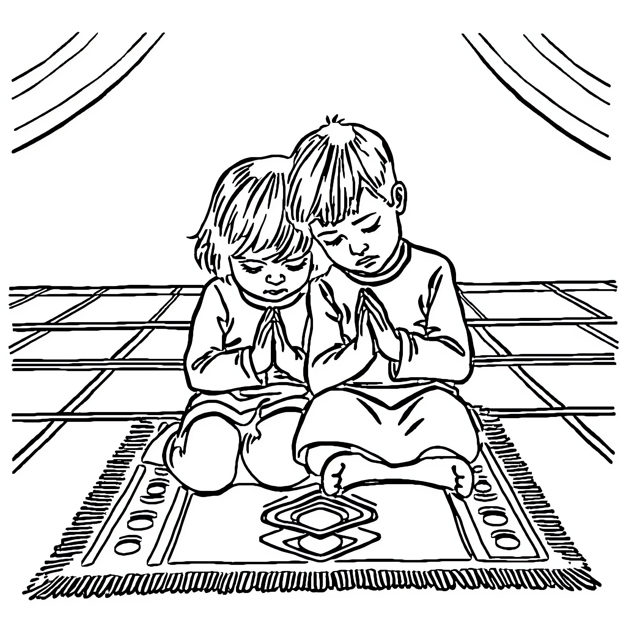 Kid praying alone on a prayer mat Coloring Page (free black-and-white line drawing printable PDF for all, from beginners to advanced learners, including children, teens, adults, and seniors)