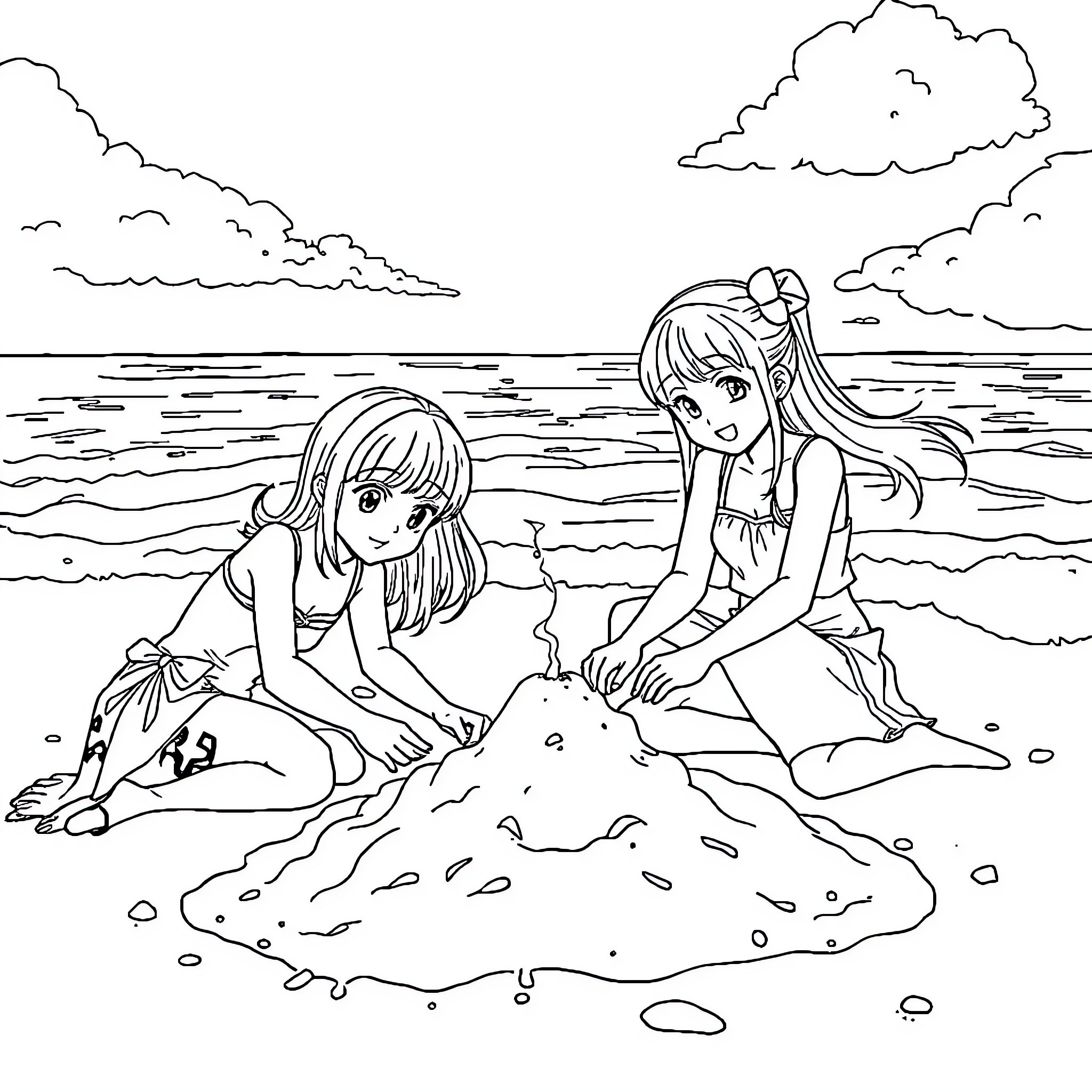 Anime Girls Relaxing on the Beach Coloring Page (free black-and-white line drawing printable PDF for all, from beginners to advanced learners, including children, teens, adults, and seniors)