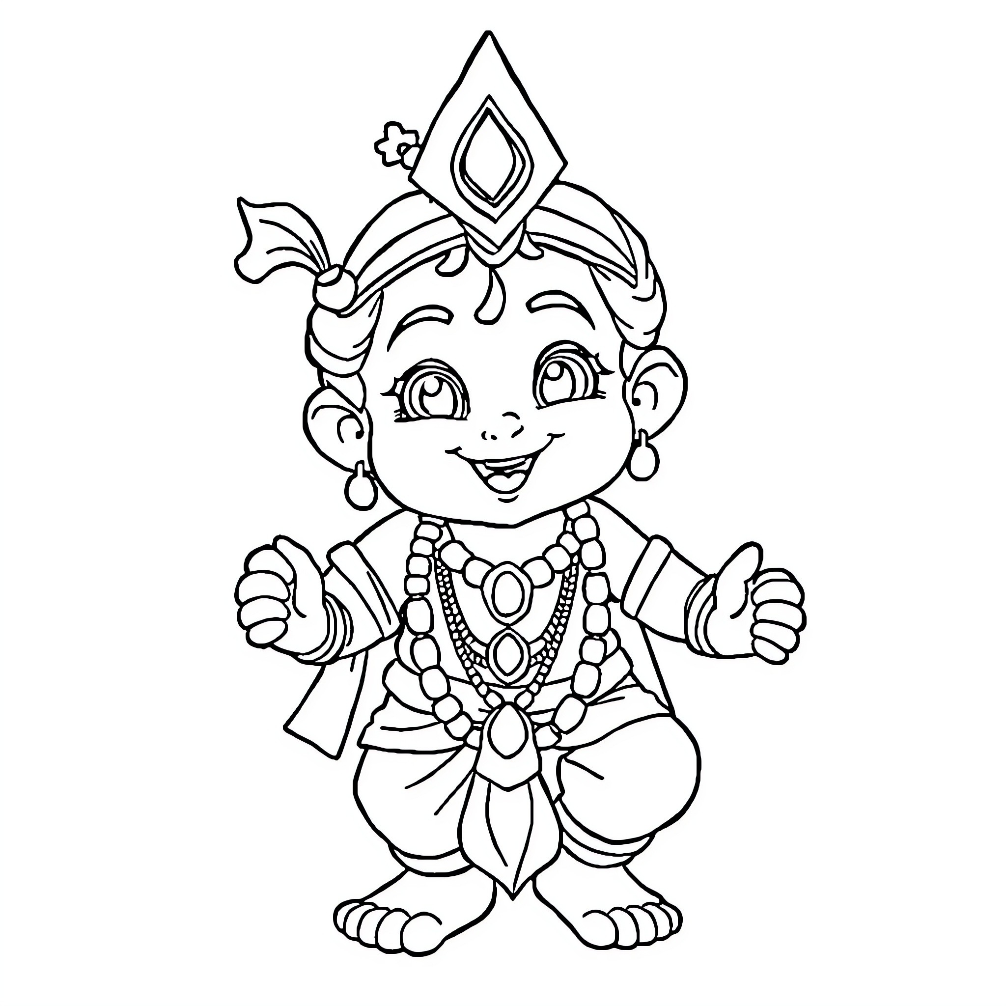 Lord Hanuman as a cheerful young deity Coloring Page (free black-and-white line drawing printable PDF for all, from beginners to advanced learners, including children, teens, adults, and seniors)