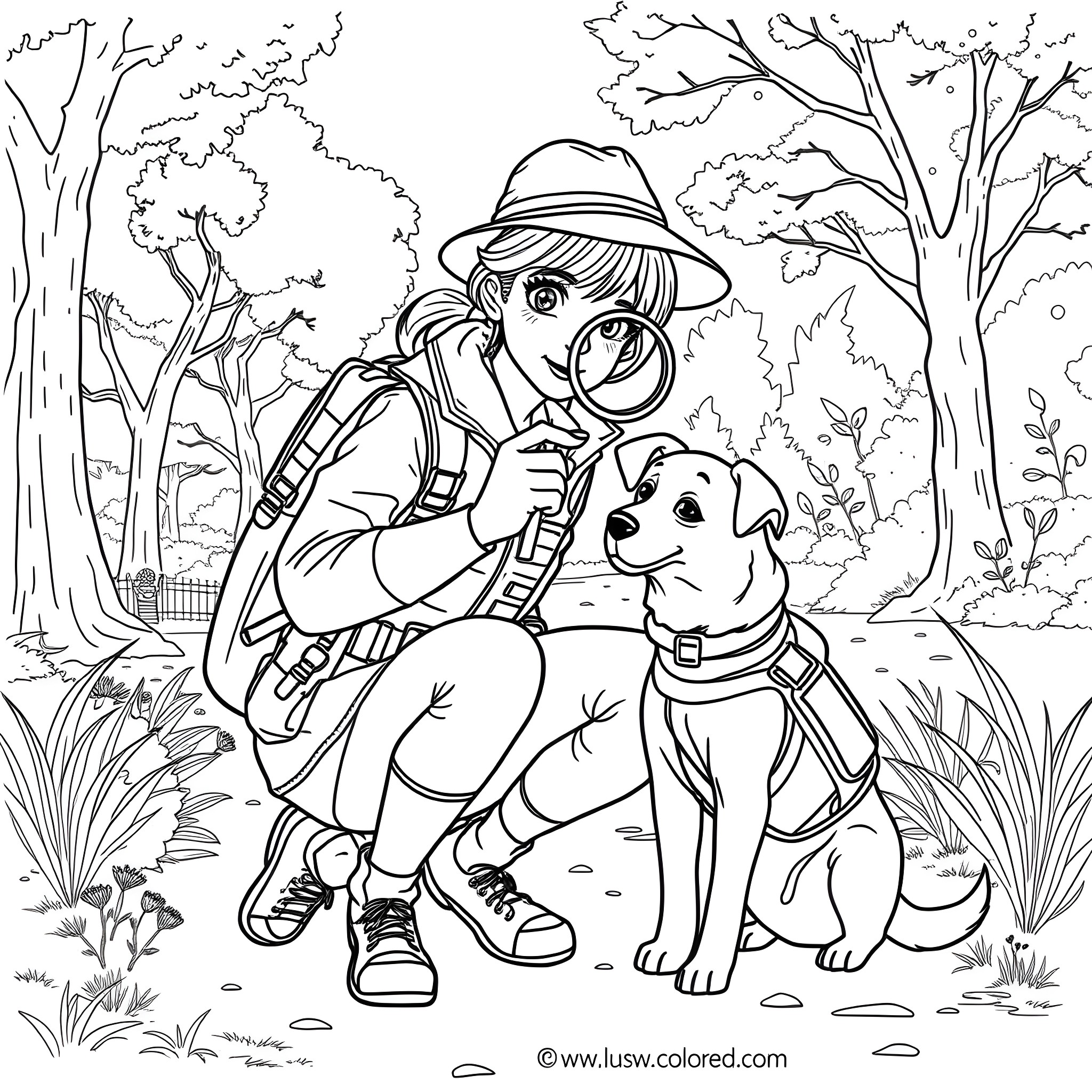 Girl exploring nature with her loyal dog companion Coloring Page (free black-and-white line drawing printable PDF for all, from beginners to advanced learners, including children, teens, adults, and seniors)