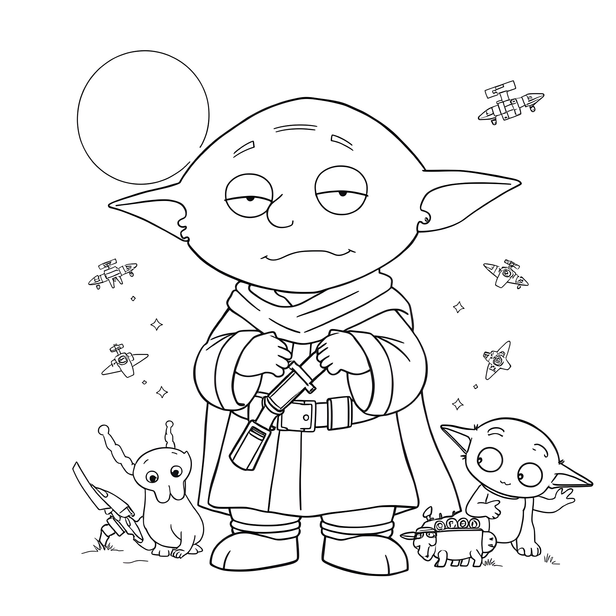 Stewie's Whimsical Adventure with Alien Companions Coloring Page (free black-and-white line drawing printable PDF for all, from beginners to advanced learners, including children, teens, adults, and seniors)