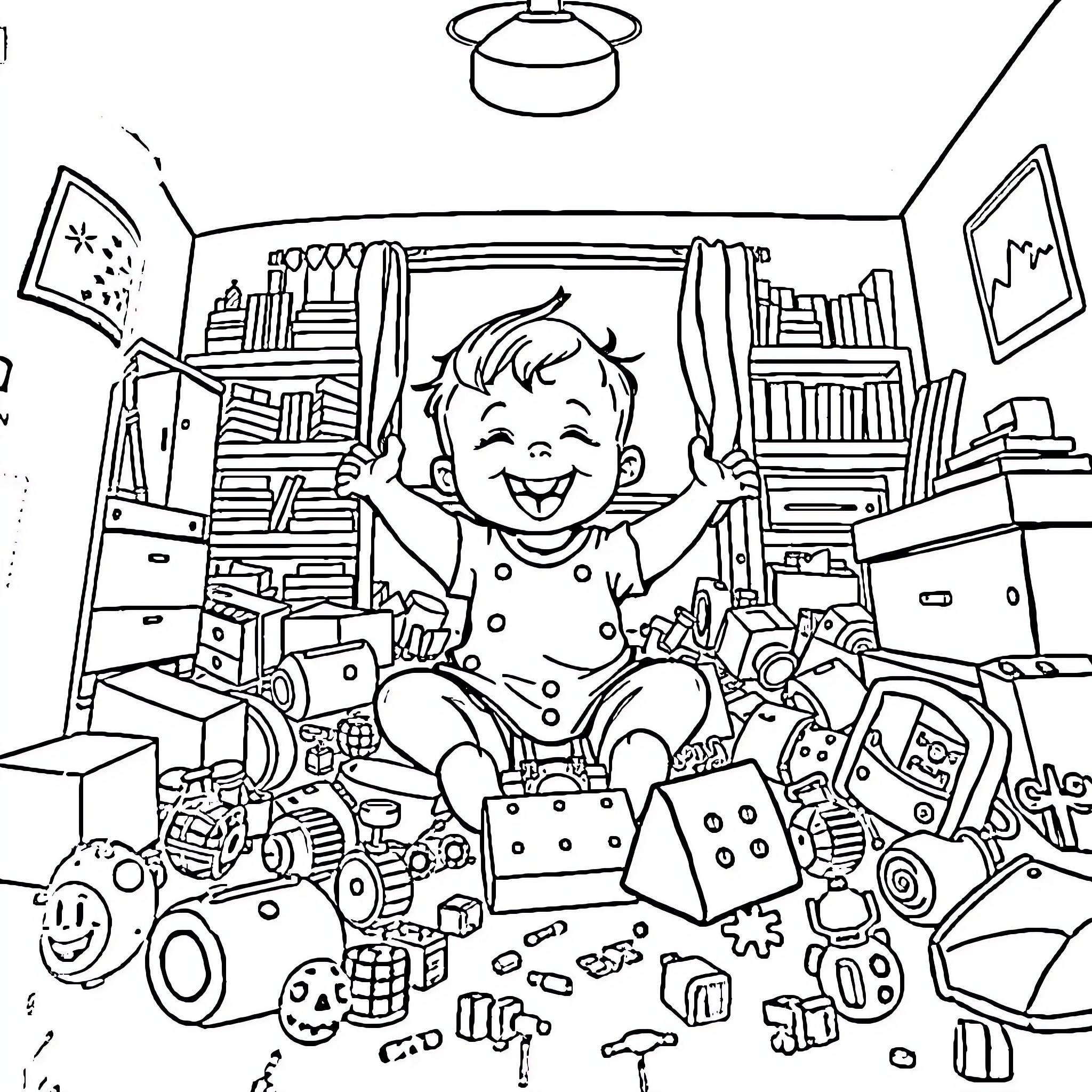 Baby exploring and playing in a messy room Coloring Page (free black-and-white line drawing printable PDF for all, from beginners to advanced learners, including children, teens, adults, and seniors)