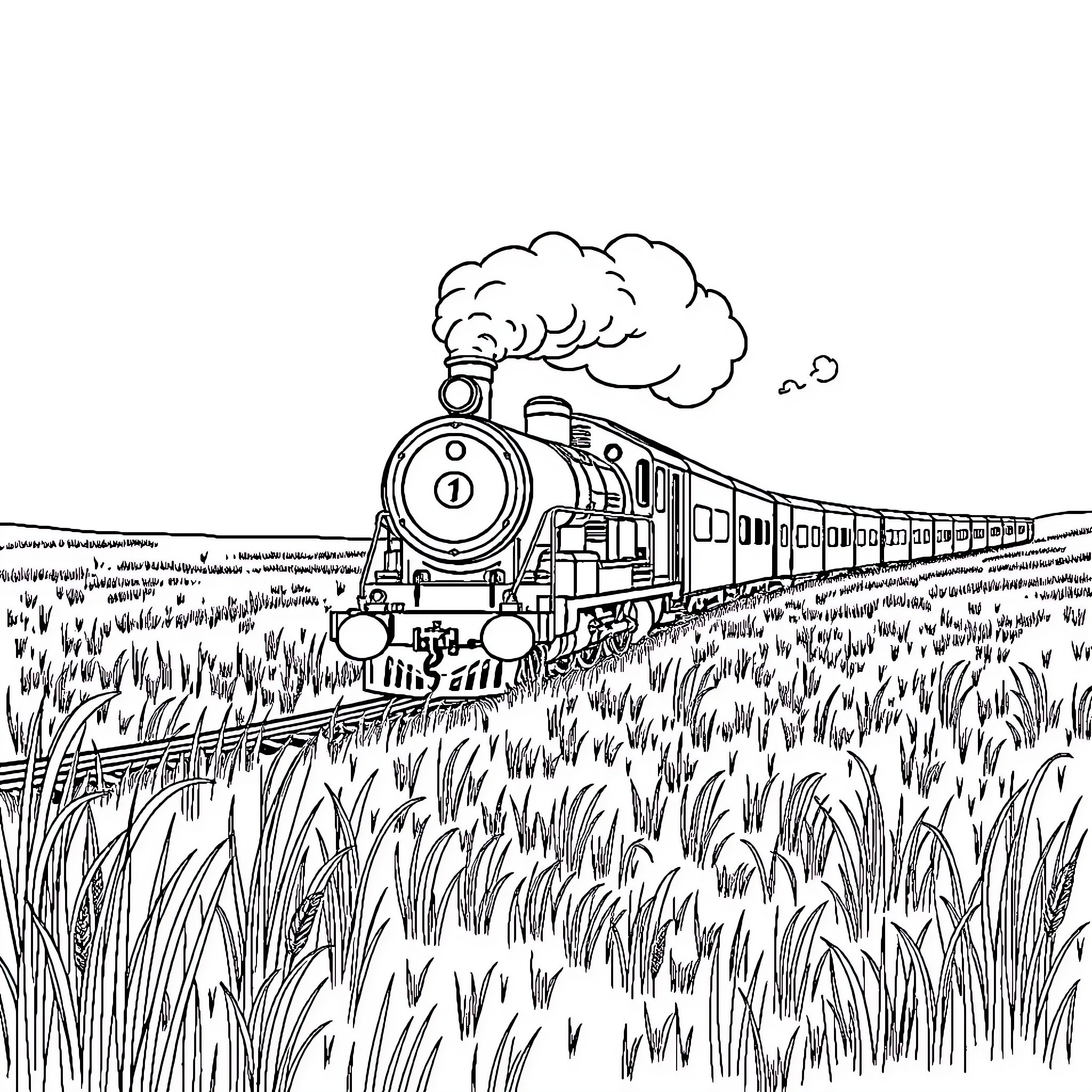 Train Chugging Through Grassy Countryside Landscape Coloring Page (free black-and-white line drawing printable PDF for all, from beginners to advanced learners, including children, teens, adults, and seniors)