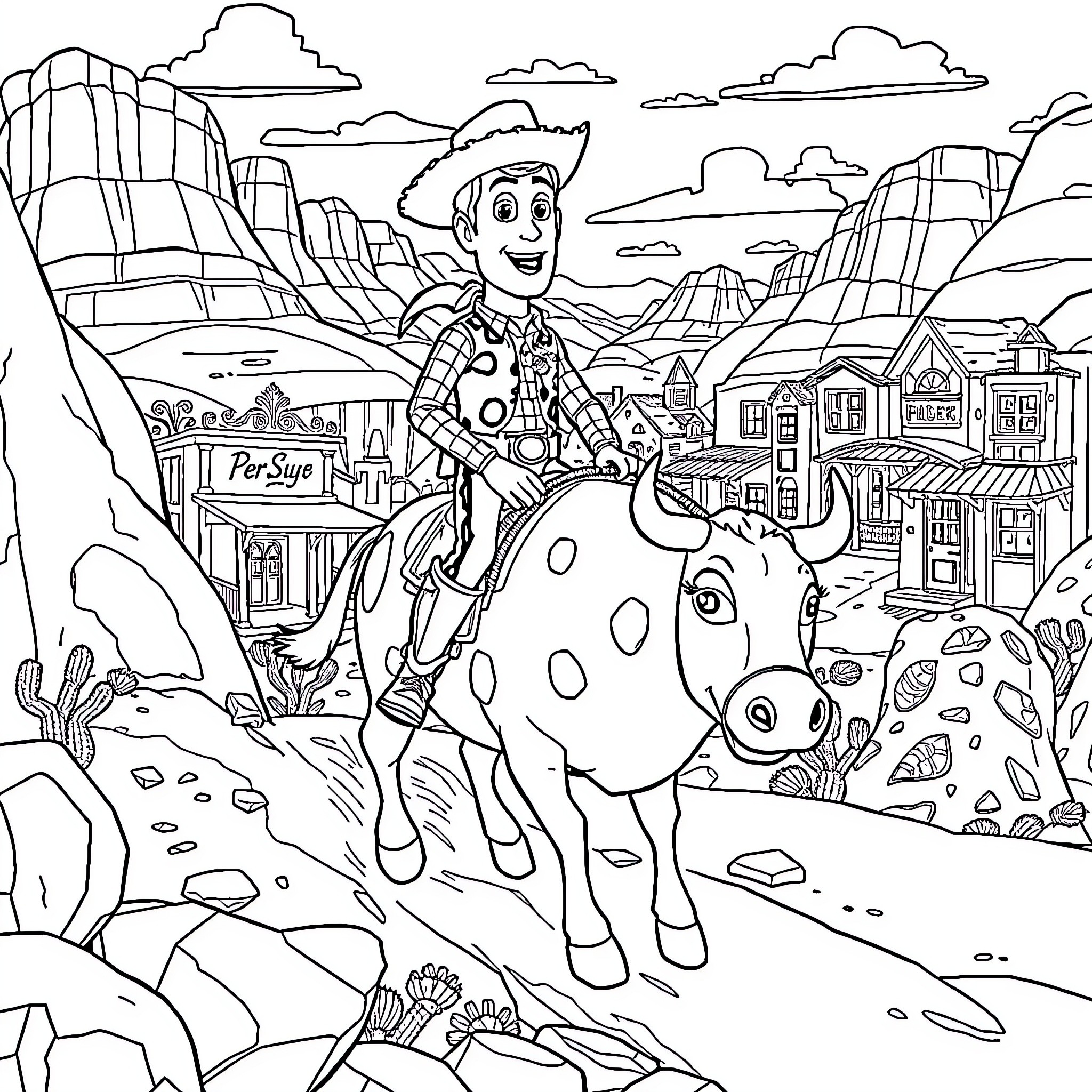 Woody's Wild Cowboy Adventure Coloring Page (free black-and-white line drawing printable PDF for all, from beginners to advanced learners, including children, teens, adults, and seniors)