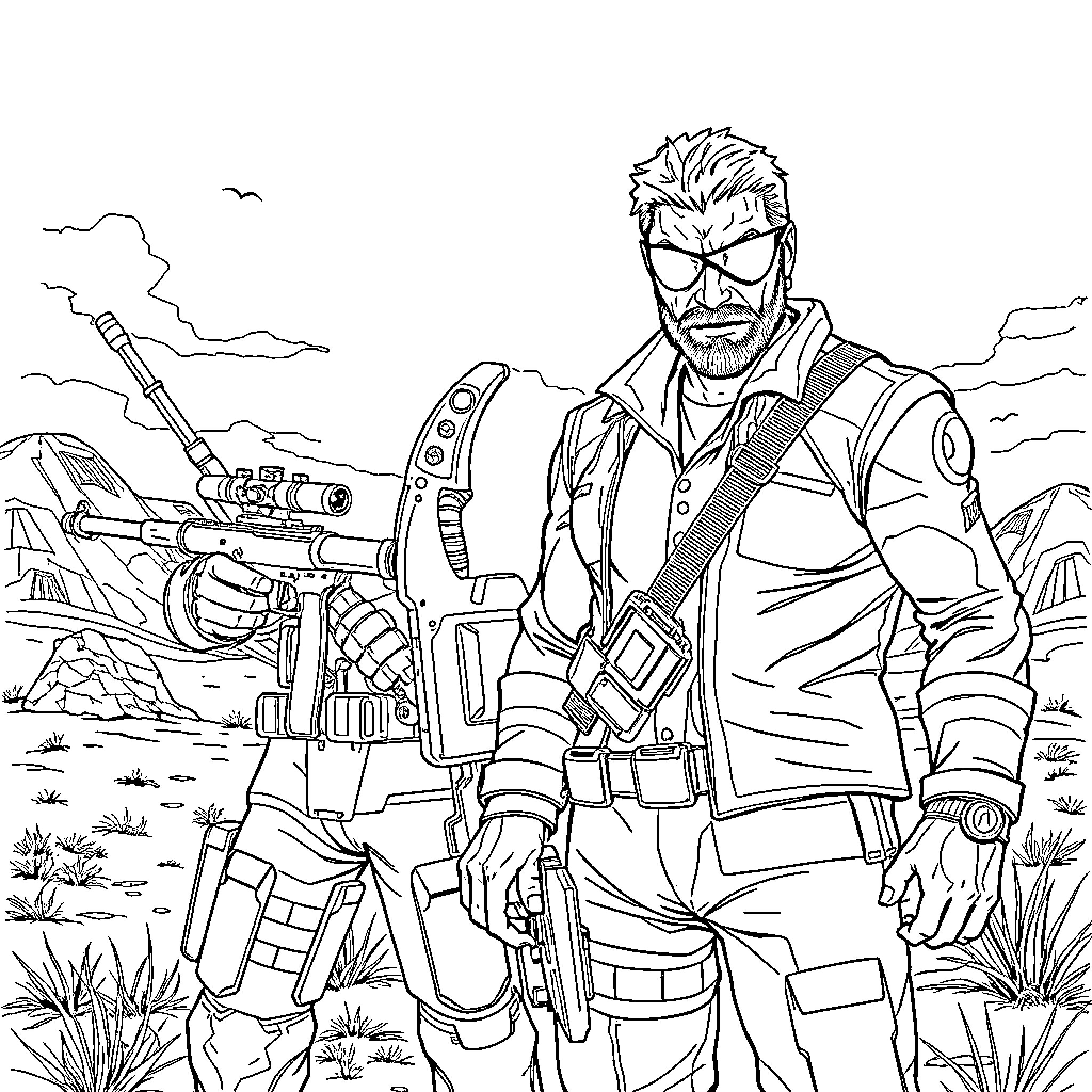 Boss combat-ready soldier with heavy weapons Coloring Page (free black-and-white line drawing printable PDF for all, from beginners to advanced learners, including children, teens, adults, and seniors)