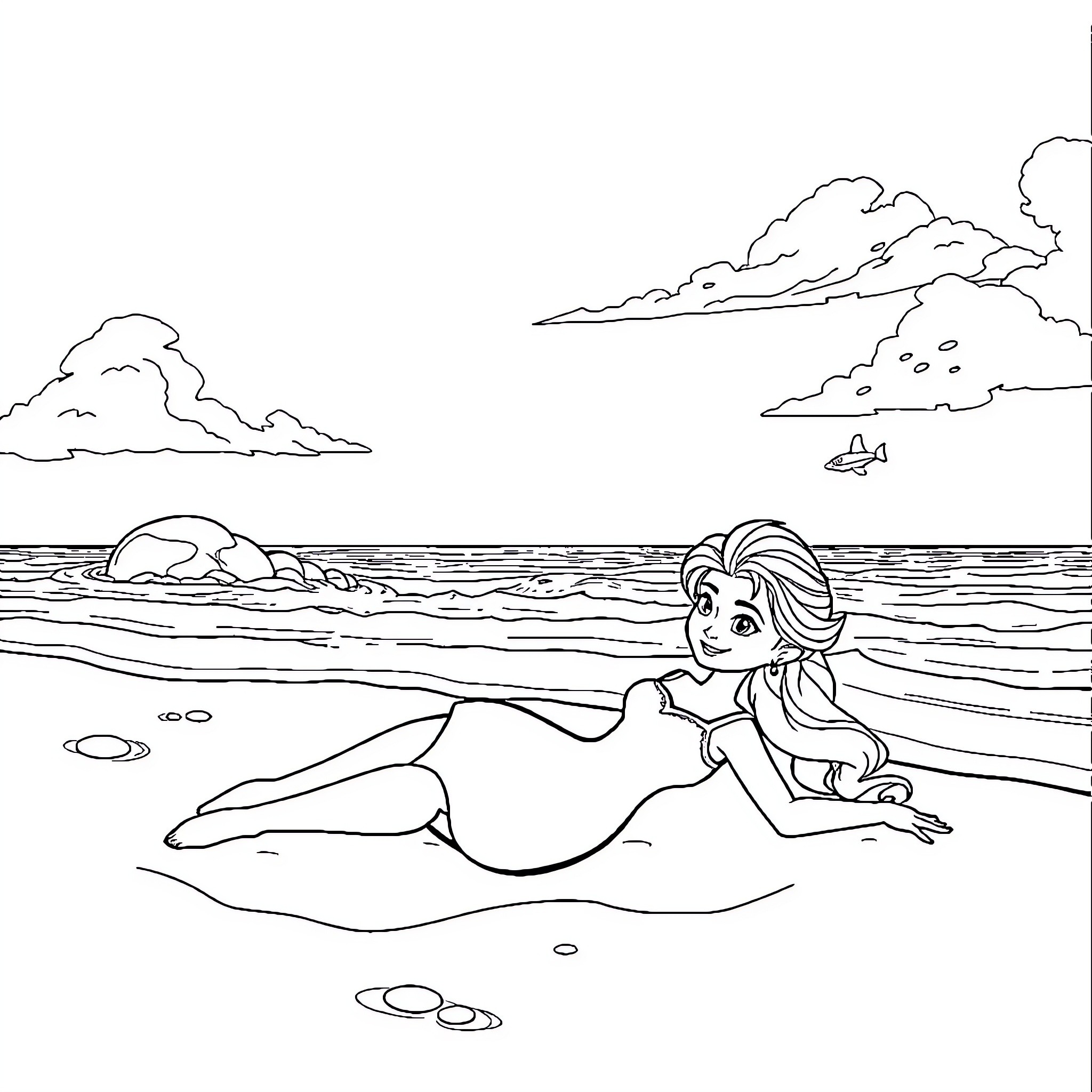 Elsa relaxing on the beach Coloring Page (free black-and-white line drawing printable PDF for all, from beginners to advanced learners, including children, teens, adults, and seniors)