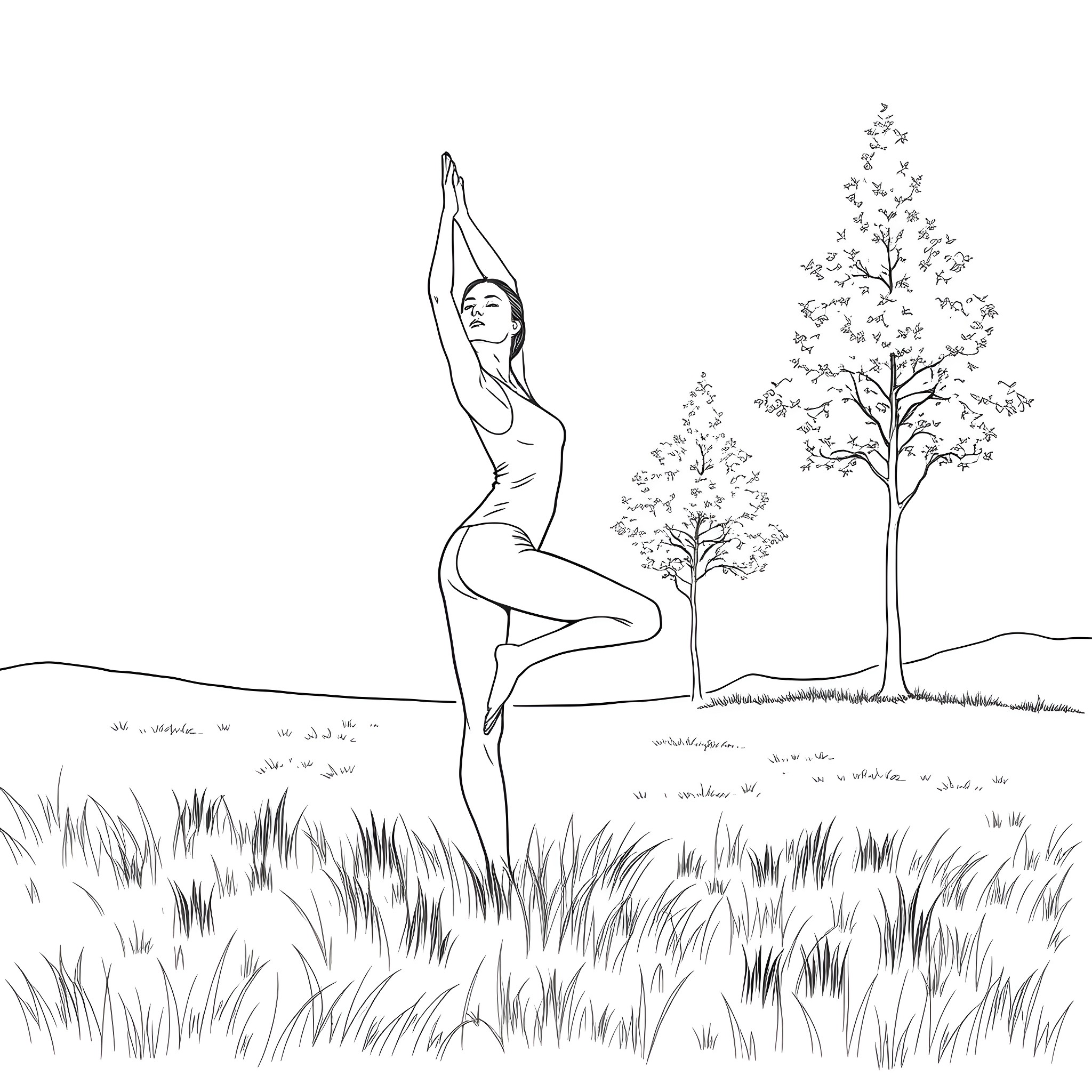 Woman practicing yoga in a peaceful outdoor setting Coloring Page (free black-and-white line drawing printable PDF for all, from beginners to advanced learners, including children, teens, adults, and seniors)