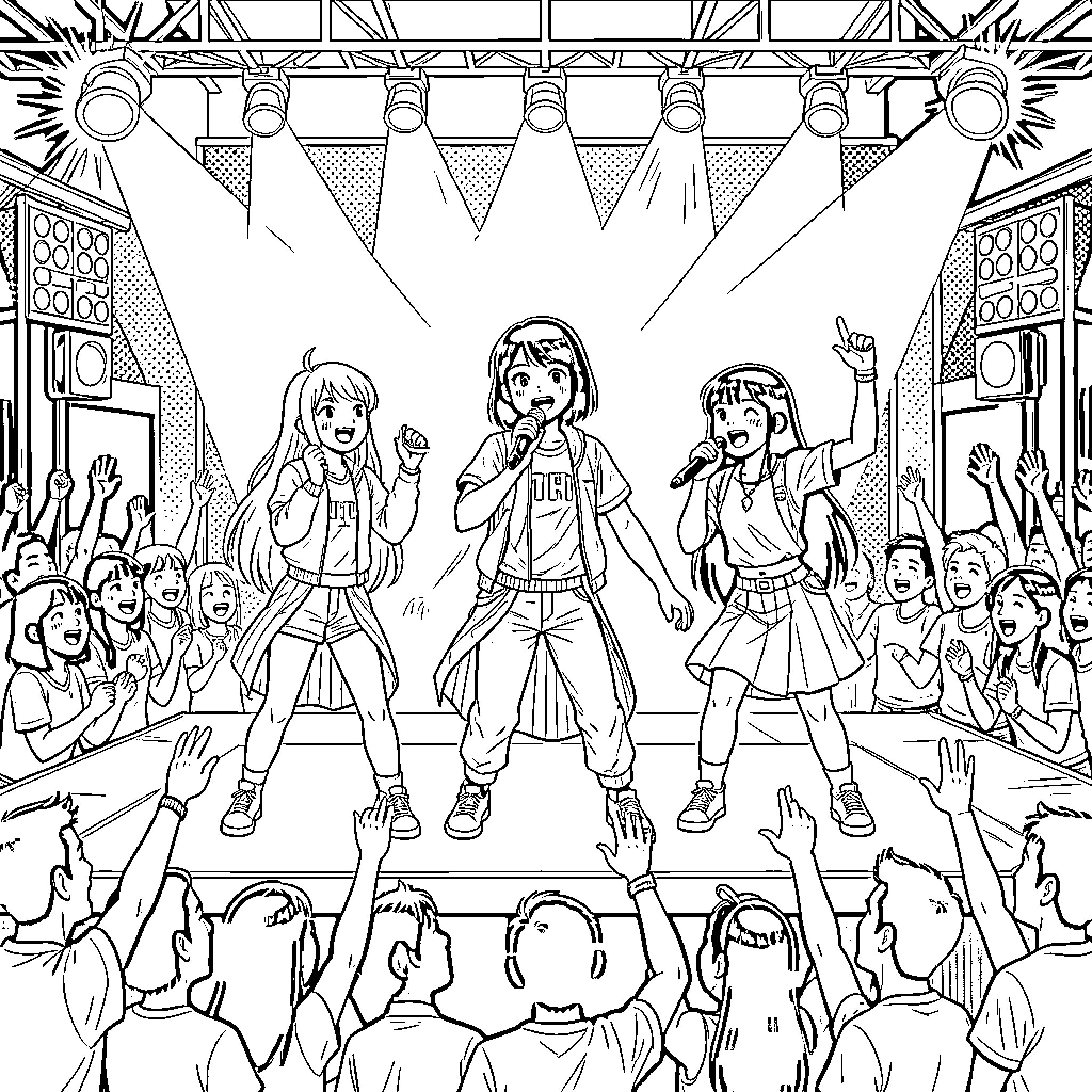 Girl Group Performing on Stage Before Cheering Crowd Coloring Page (free black-and-white line drawing printable PDF for all, from beginners to advanced learners, including children, teens, adults, and seniors)