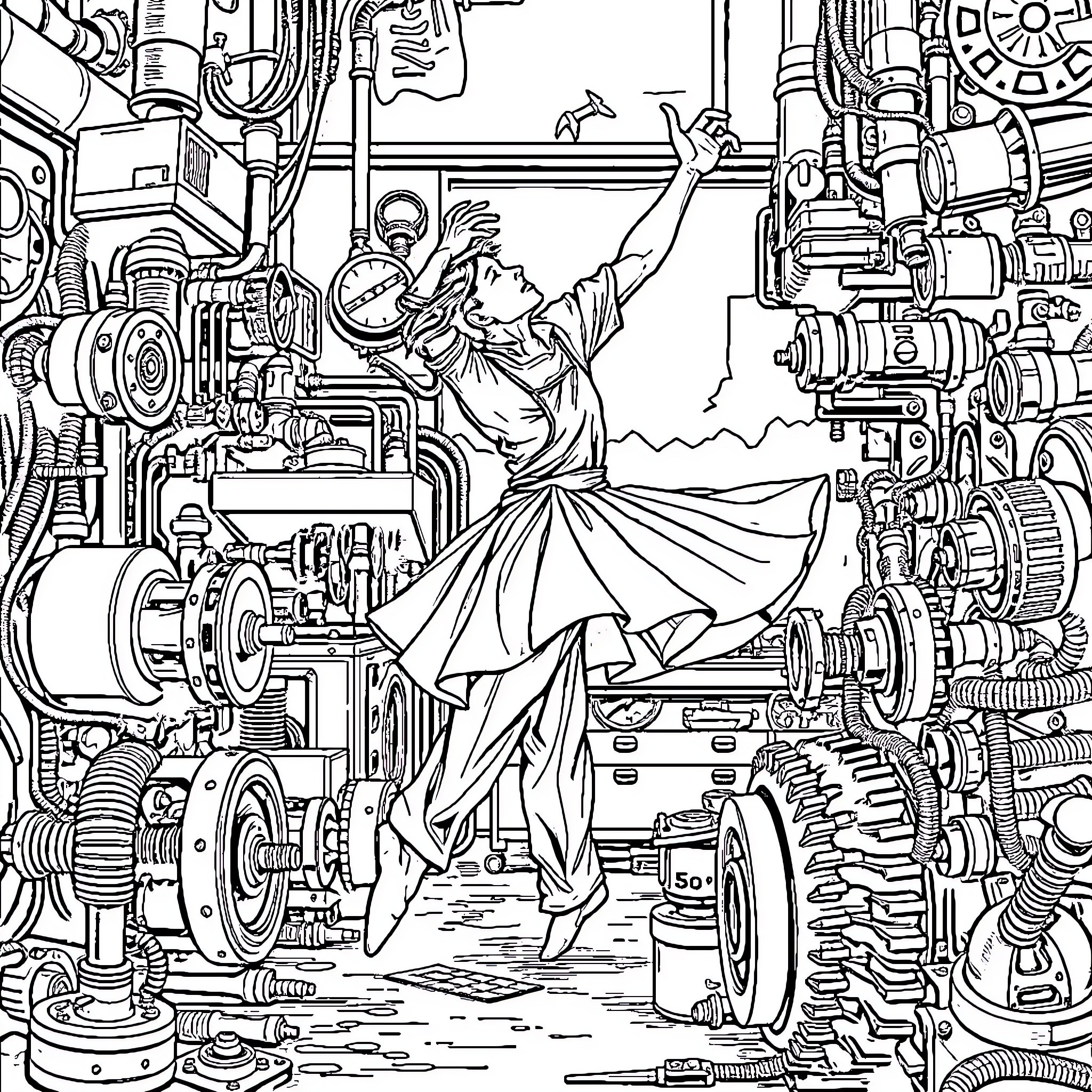 Dancer performing amidst intricate machinery Coloring Page (free black-and-white line drawing printable PDF for all, from beginners to advanced learners, including children, teens, adults, and seniors)