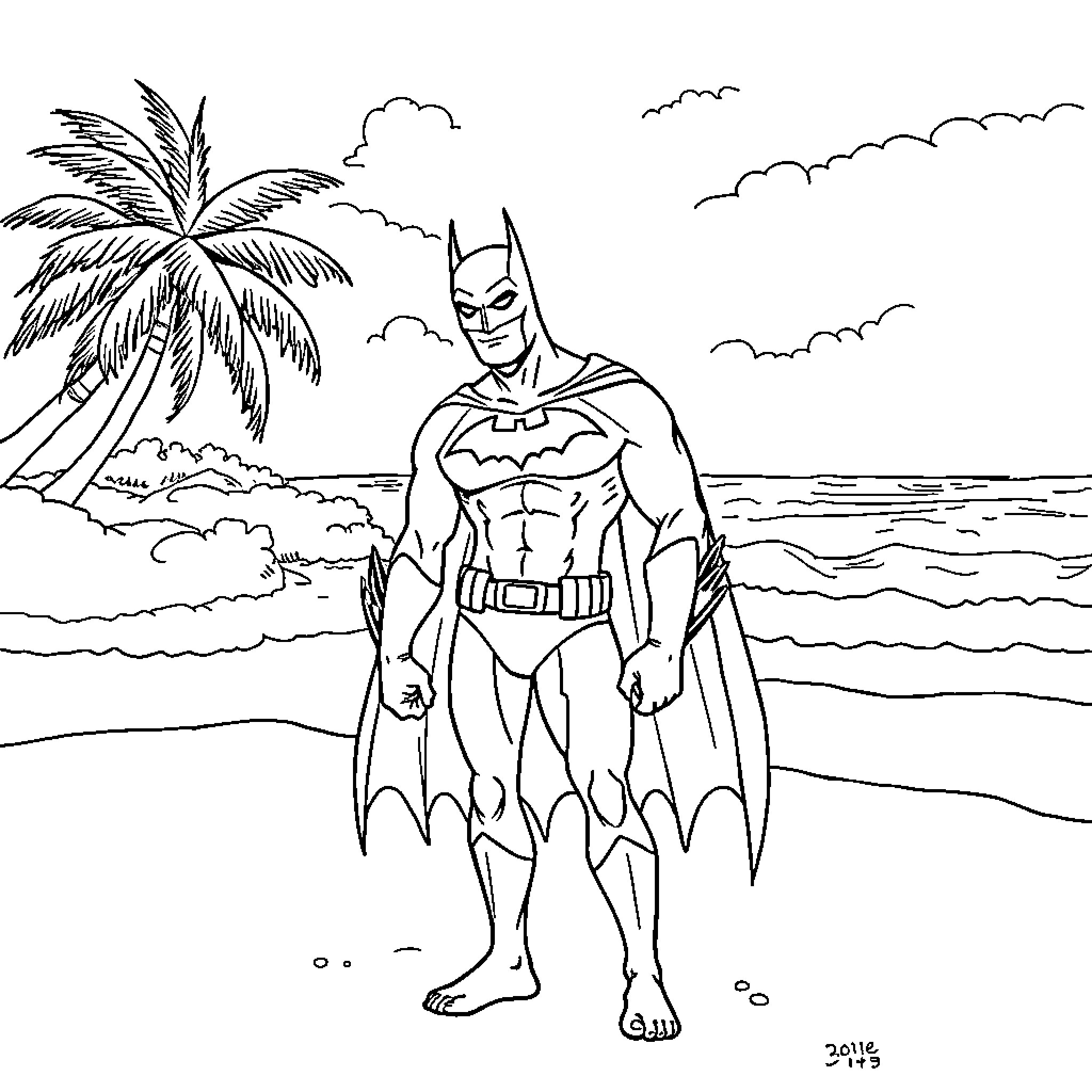 Batman in heroic pose on a tropical beach Coloring Page (free black-and-white line drawing printable PDF for all, from beginners to advanced learners, including children, teens, adults, and seniors)
