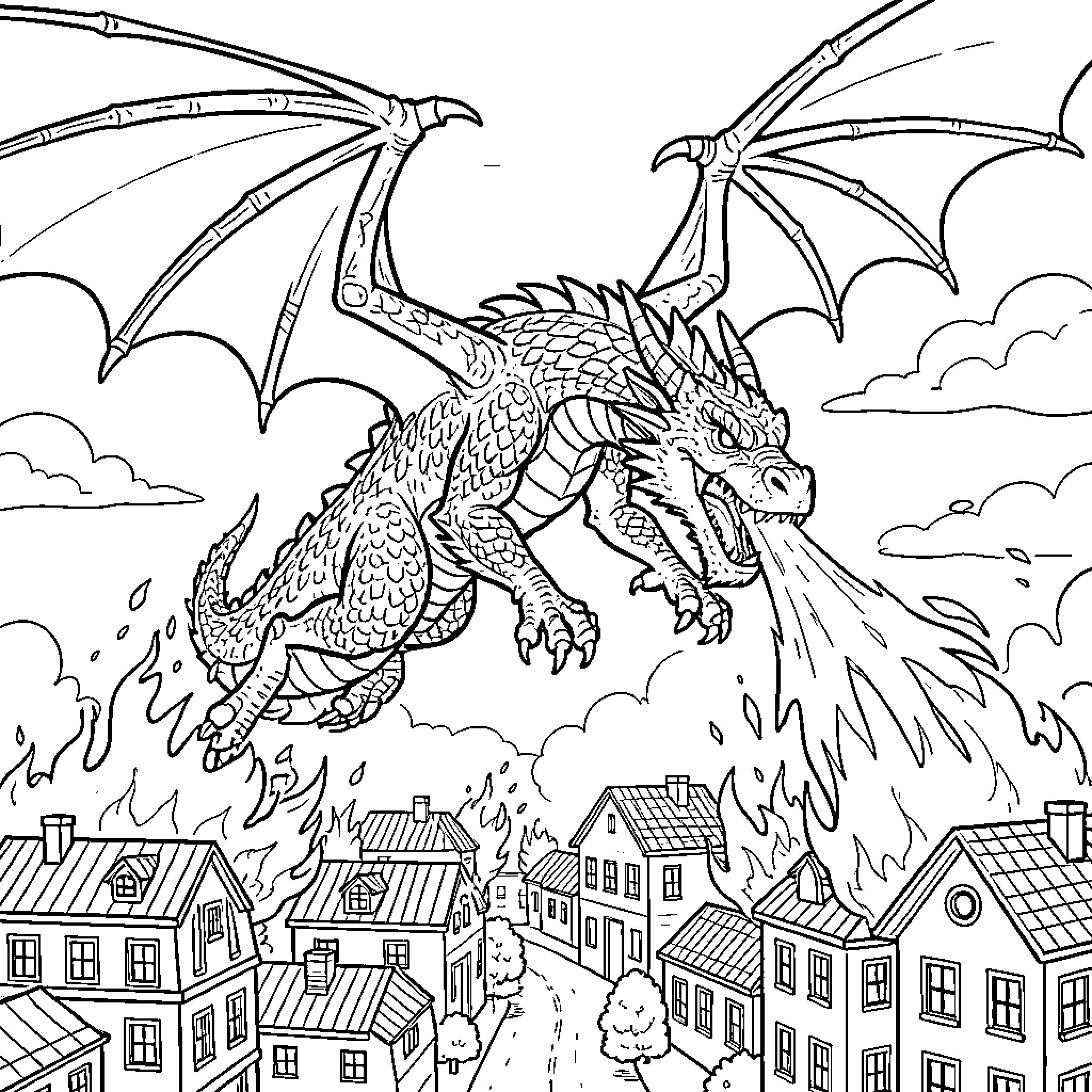 Dragon soaring over a village in flames Coloring Page (free black-and-white line drawing printable PDF for all, from beginners to advanced learners, including children, teens, adults, and seniors)