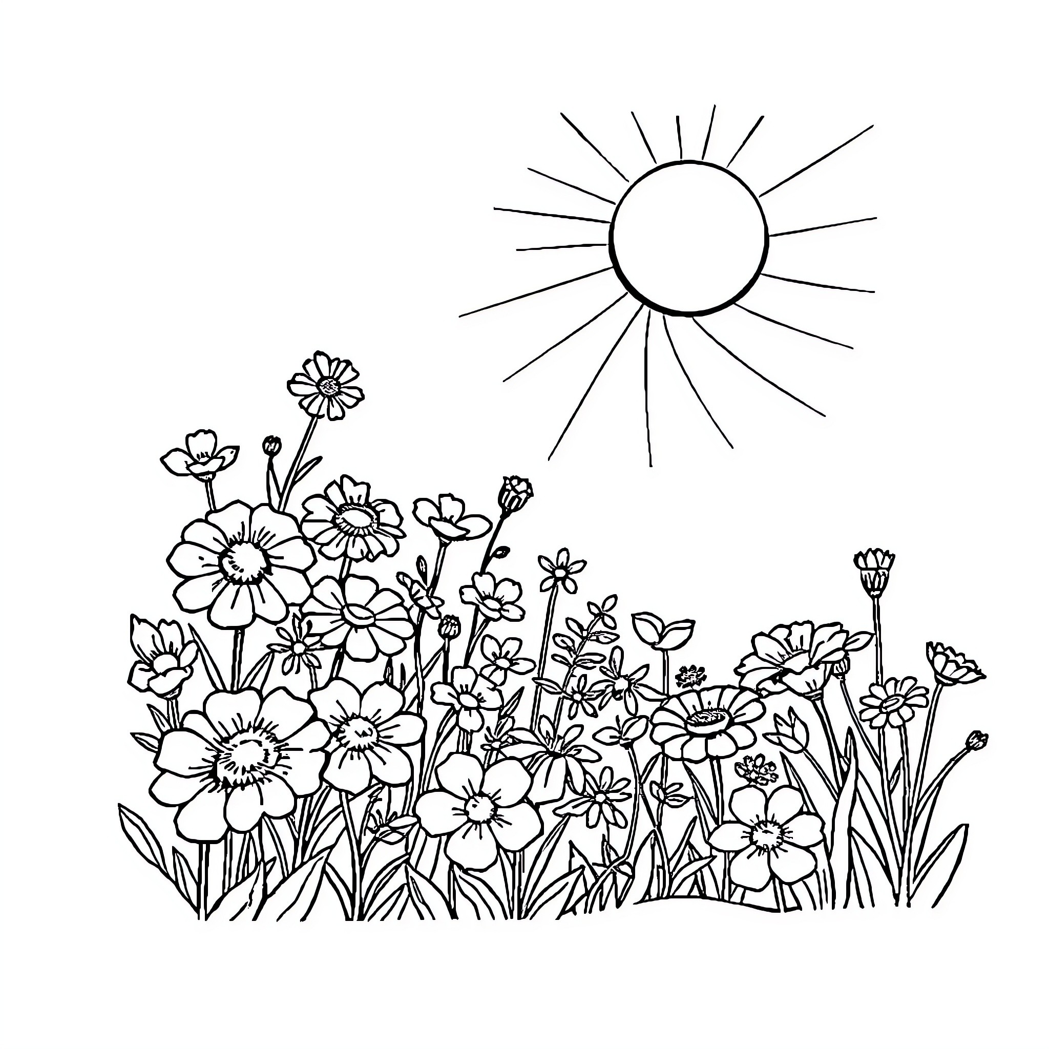 Flower garden blooming under the sun Coloring Page (free black-and-white line drawing printable PDF for all, from beginners to advanced learners, including children, teens, adults, and seniors)