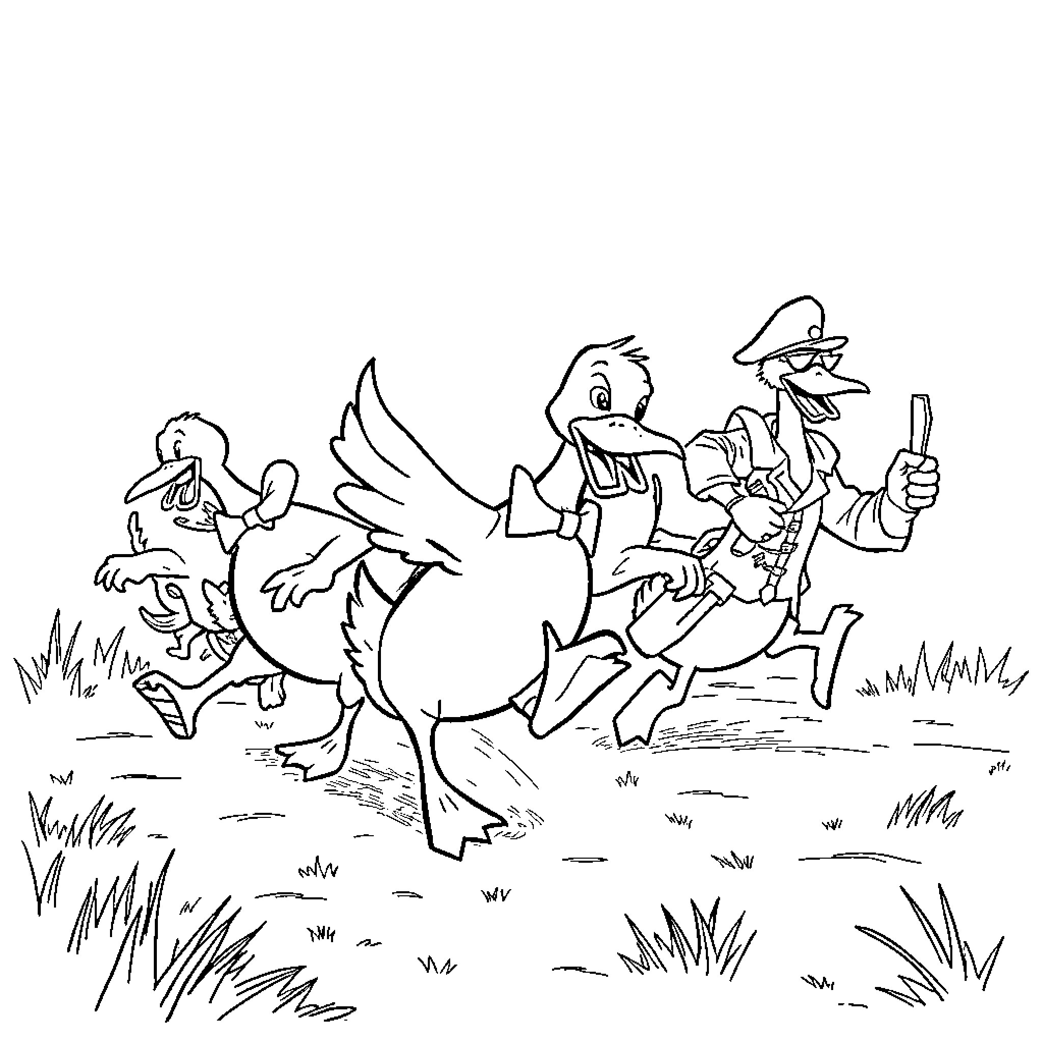 Goose and friends on a countryside adventure Coloring Page (free black-and-white line drawing printable PDF for all, from beginners to advanced learners, including children, teens, adults, and seniors)