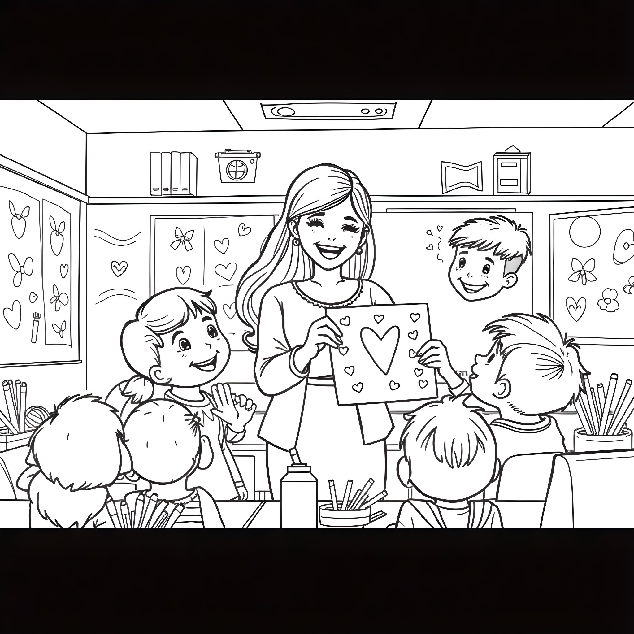 Teacher engaging students in art activity in classroom Coloring Page (free black-and-white line drawing printable PDF for all, from beginners to advanced learners, including children, teens, adults, and seniors)