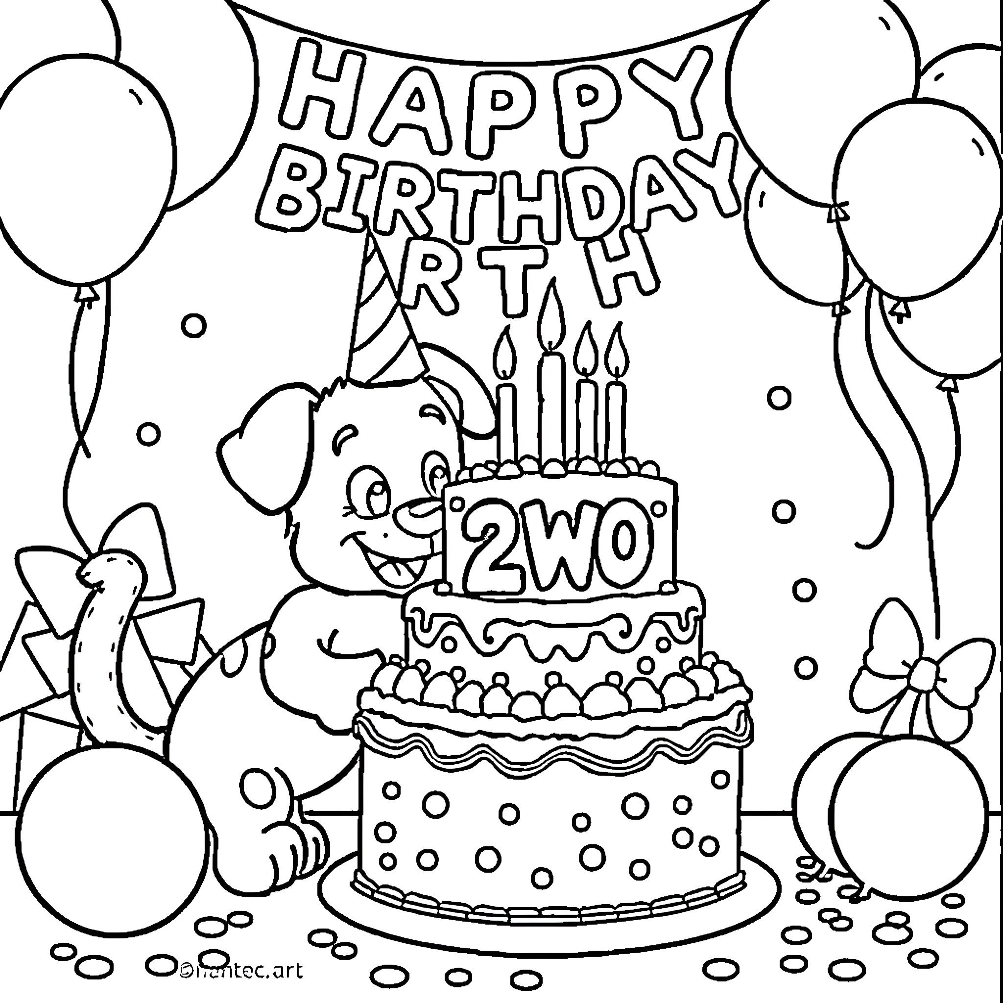 Bluey's Happy Birthday Party with Cake and Balloons Coloring Page (free black-and-white line drawing printable PDF for all, from beginners to advanced learners, including children, teens, adults, and seniors)