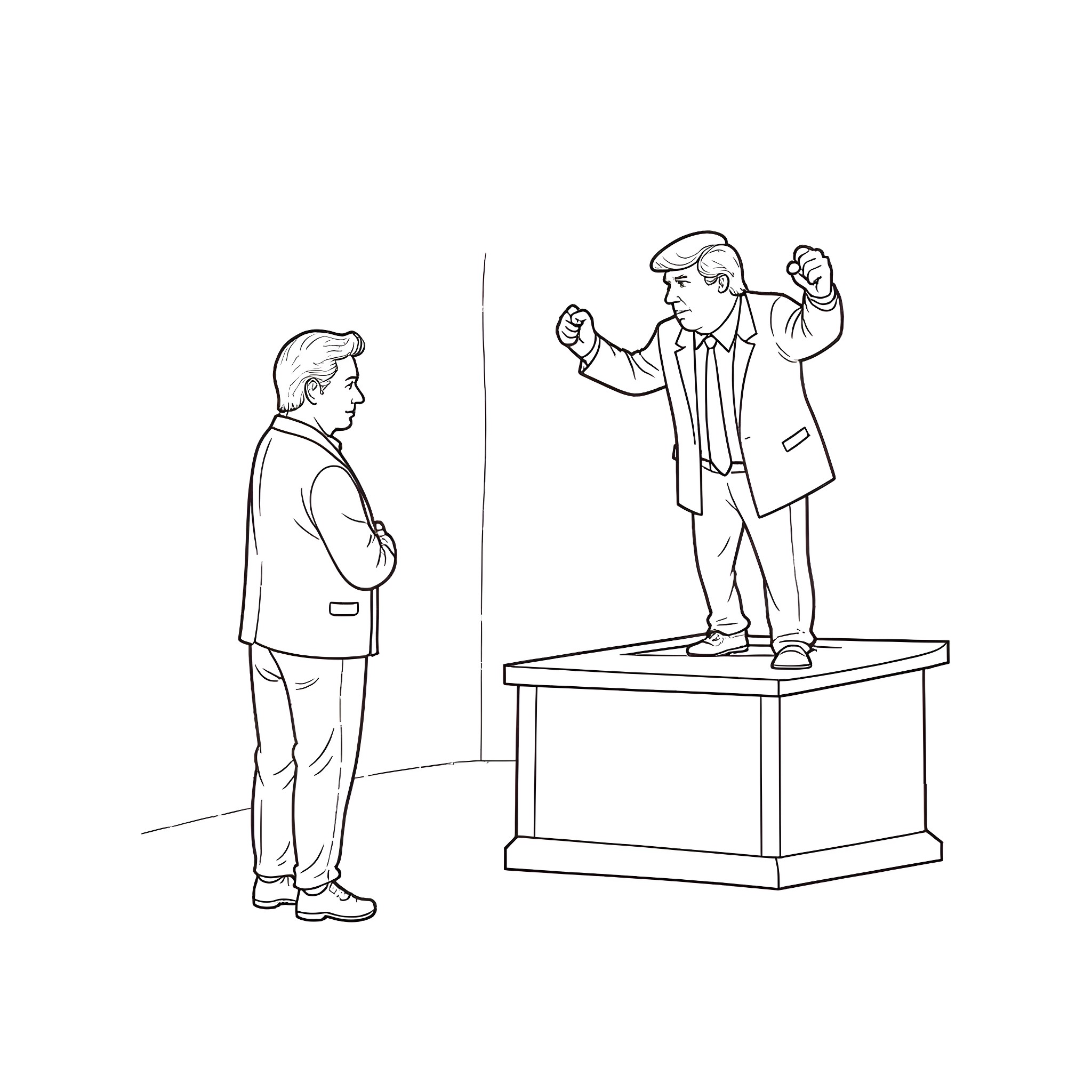 Donald Trump Delivering Passionate Speech on Podium Coloring Page (free black-and-white line drawing printable PDF for all, from beginners to advanced learners, including children, teens, adults, and seniors)