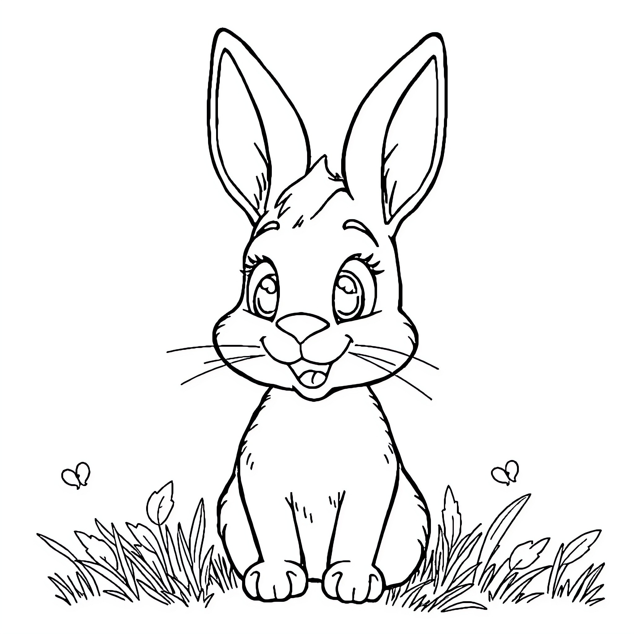 Rabbit sitting happily in the grass Coloring Page (free black-and-white line drawing printable PDF for all, from beginners to advanced learners, including children, teens, adults, and seniors)
