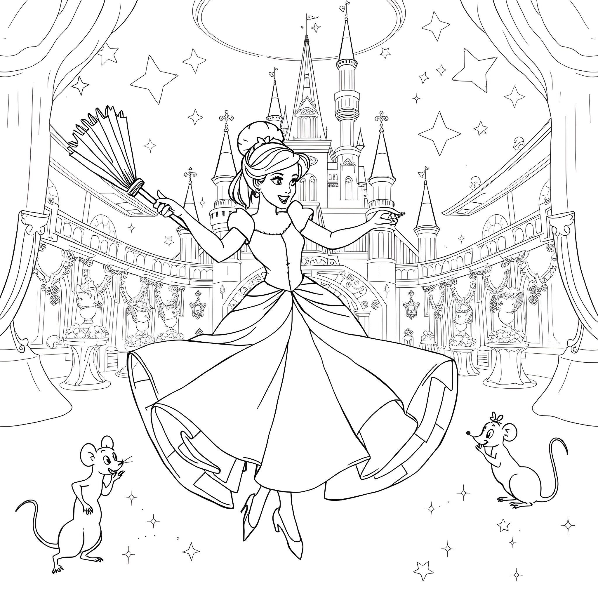 Cinderella's Magical Castle Adventure Coloring Page (free black-and-white line drawing printable PDF for all, from beginners to advanced learners, including children, teens, adults, and seniors)