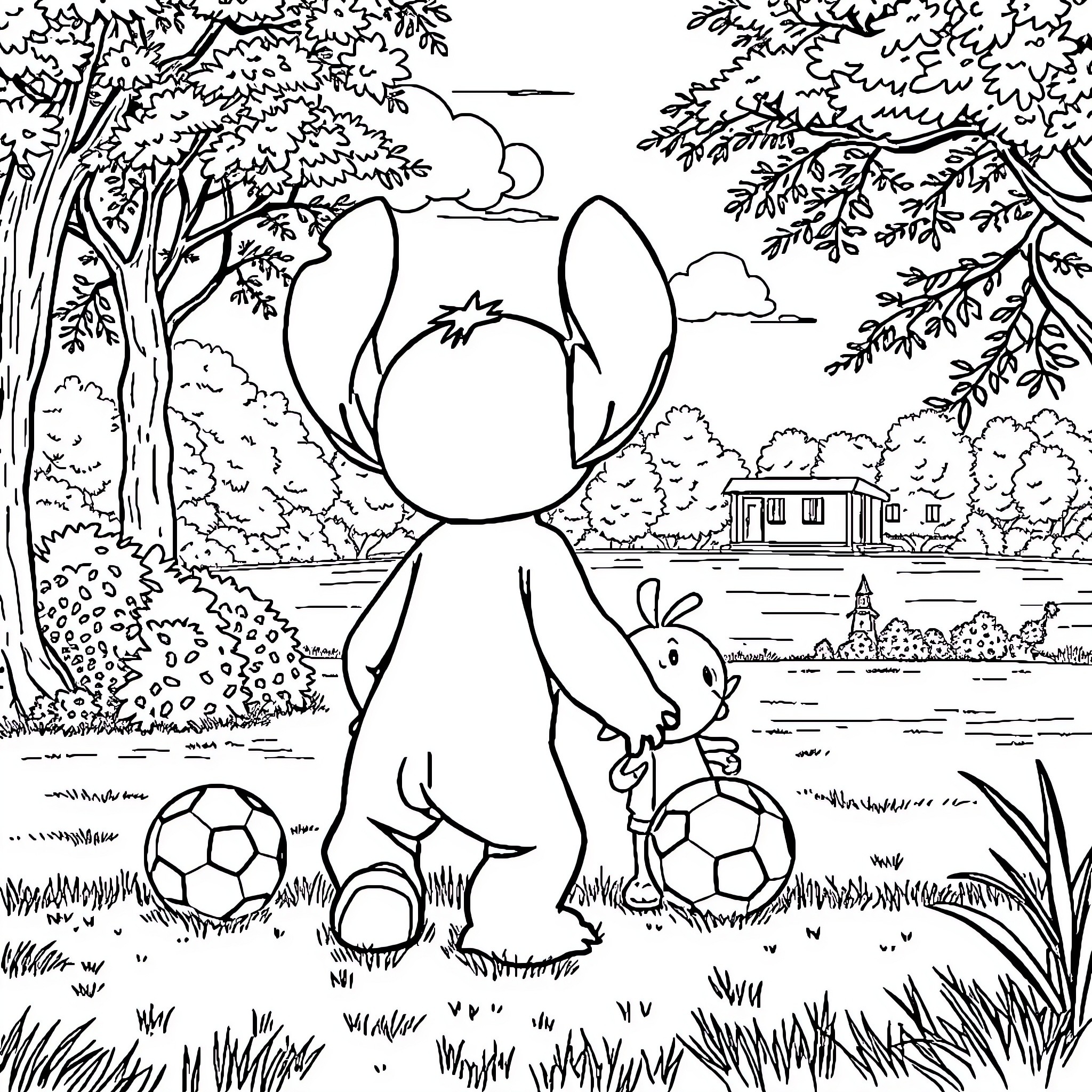 Stitch exploring the outdoor scene with soccer balls Coloring Page (free black-and-white line drawing printable PDF for all, from beginners to advanced learners, including children, teens, adults, and seniors)