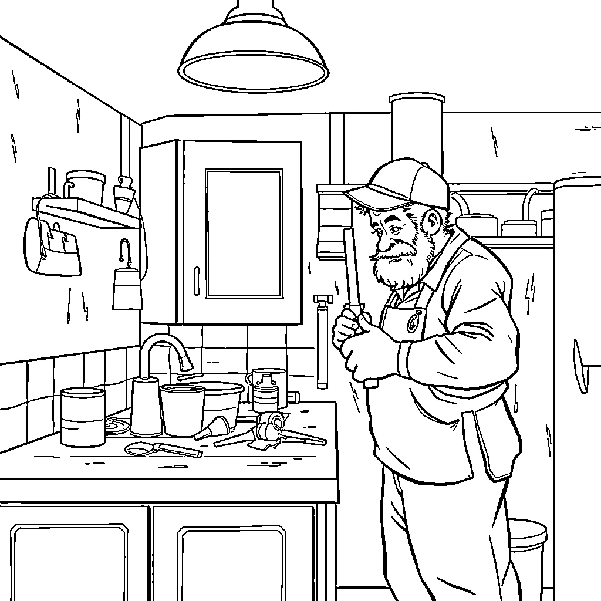 Papa the Plumber Fixing Pipes in the Kitchen Coloring Page (free black-and-white line drawing printable PDF for all, from beginners to advanced learners, including children, teens, adults, and seniors)