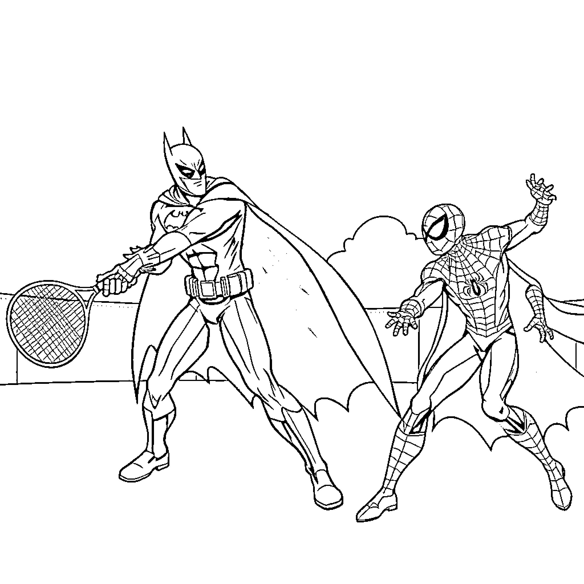 Batman and Spiderman in action-packed scene Coloring Page (free black-and-white line drawing printable PDF for all, from beginners to advanced learners, including children, teens, adults, and seniors)