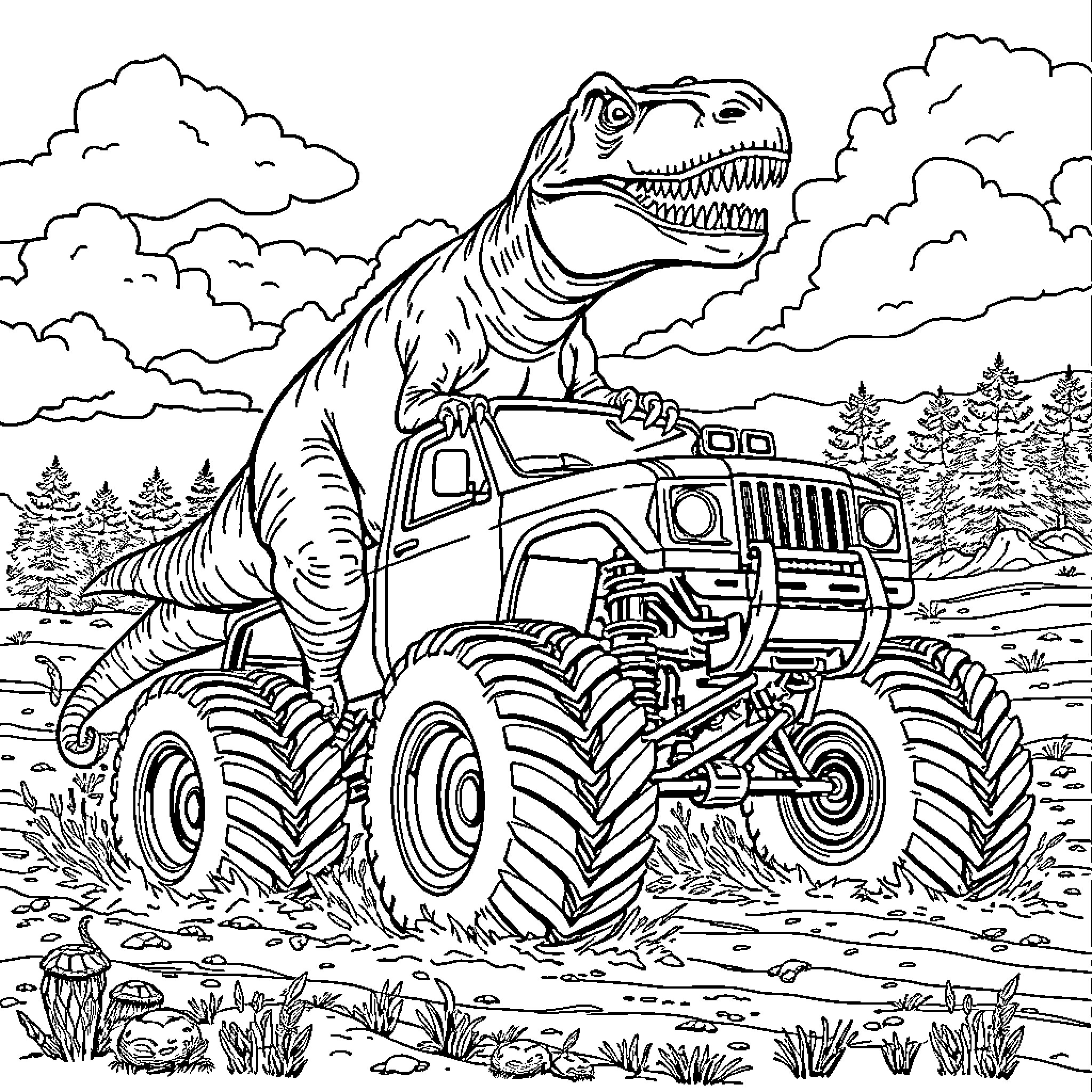 Trex riding a monster truck through the wilderness Coloring Page (free black-and-white line drawing printable PDF for all, from beginners to advanced learners, including children, teens, adults, and seniors)