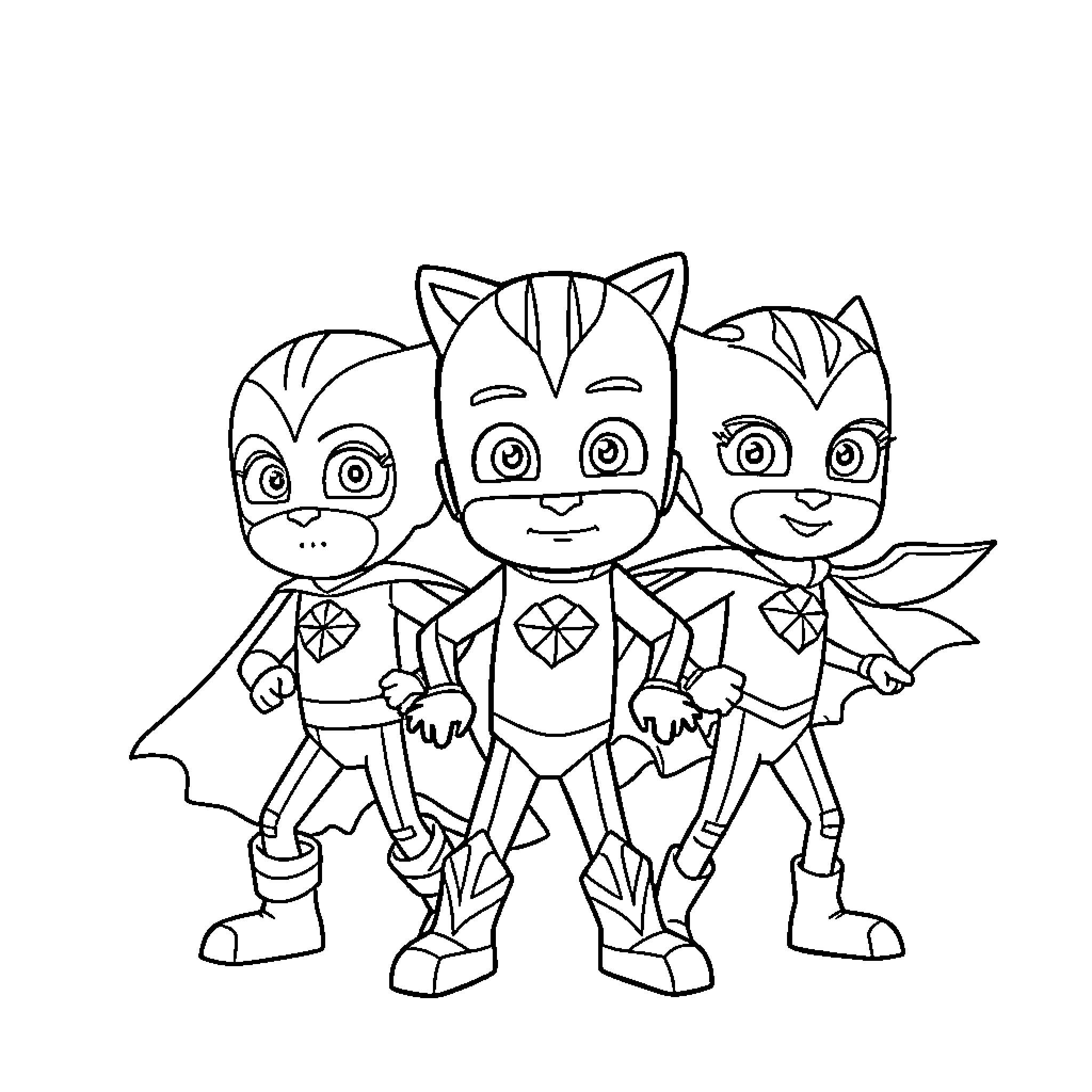 Pj Mask trio in superhero poses Coloring Page (free black-and-white line drawing printable PDF for all, from beginners to advanced learners, including children, teens, adults, and seniors)