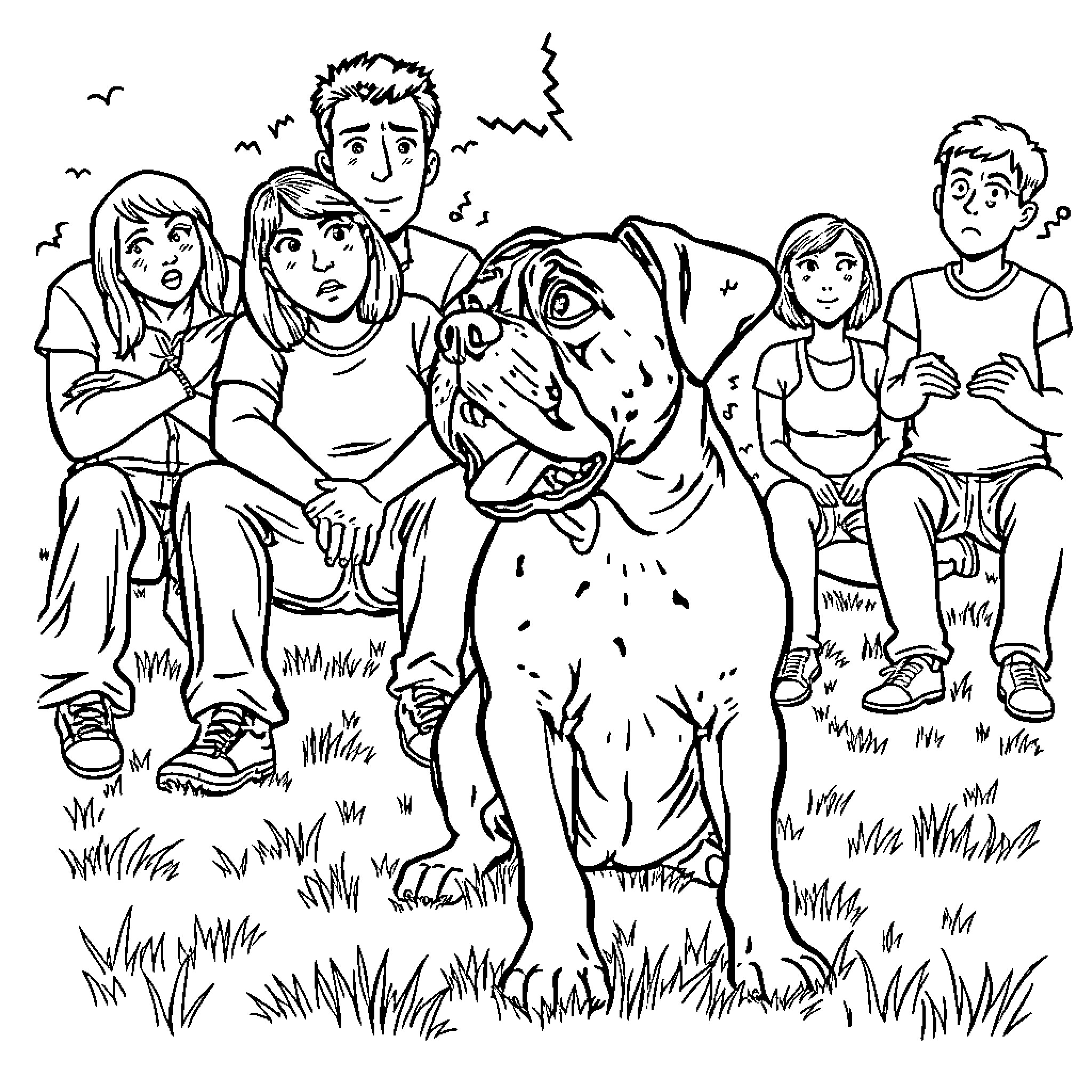 Boxer and family enjoying outdoor adventure Coloring Page (free black-and-white line drawing printable PDF for all, from beginners to advanced learners, including children, teens, adults, and seniors)