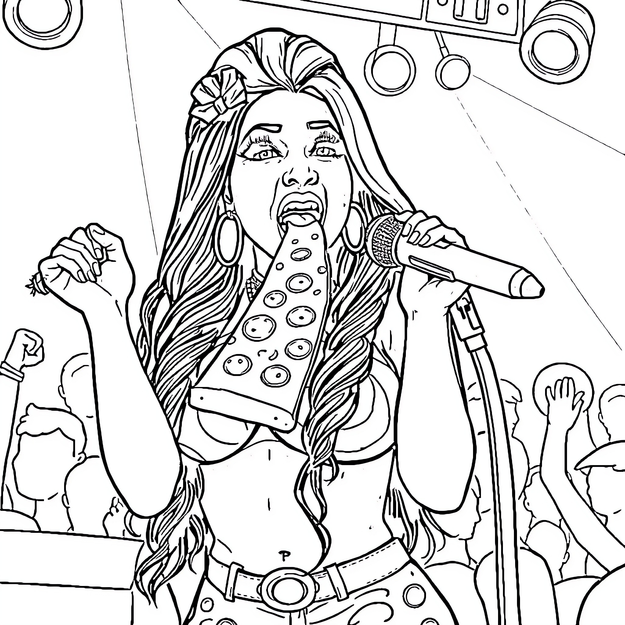 Nicki Minaj performing on stage with energy and enthusiasm Coloring Page (free black-and-white line drawing printable PDF for all, from beginners to advanced learners, including children, teens, adults, and seniors)