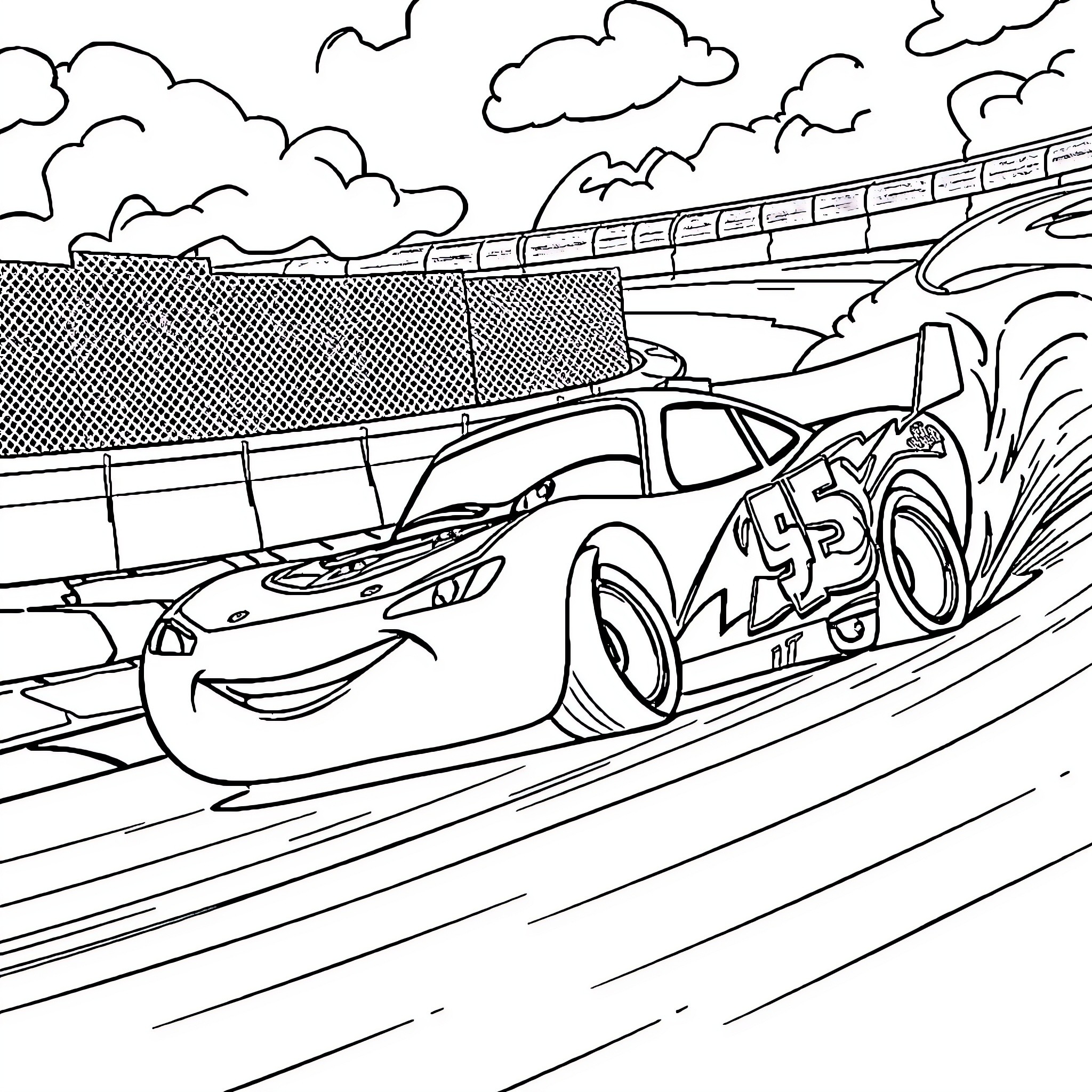 Lightning McQueen racing on the track Coloring Page (free black-and-white line drawing printable PDF for all, from beginners to advanced learners, including children, teens, adults, and seniors)