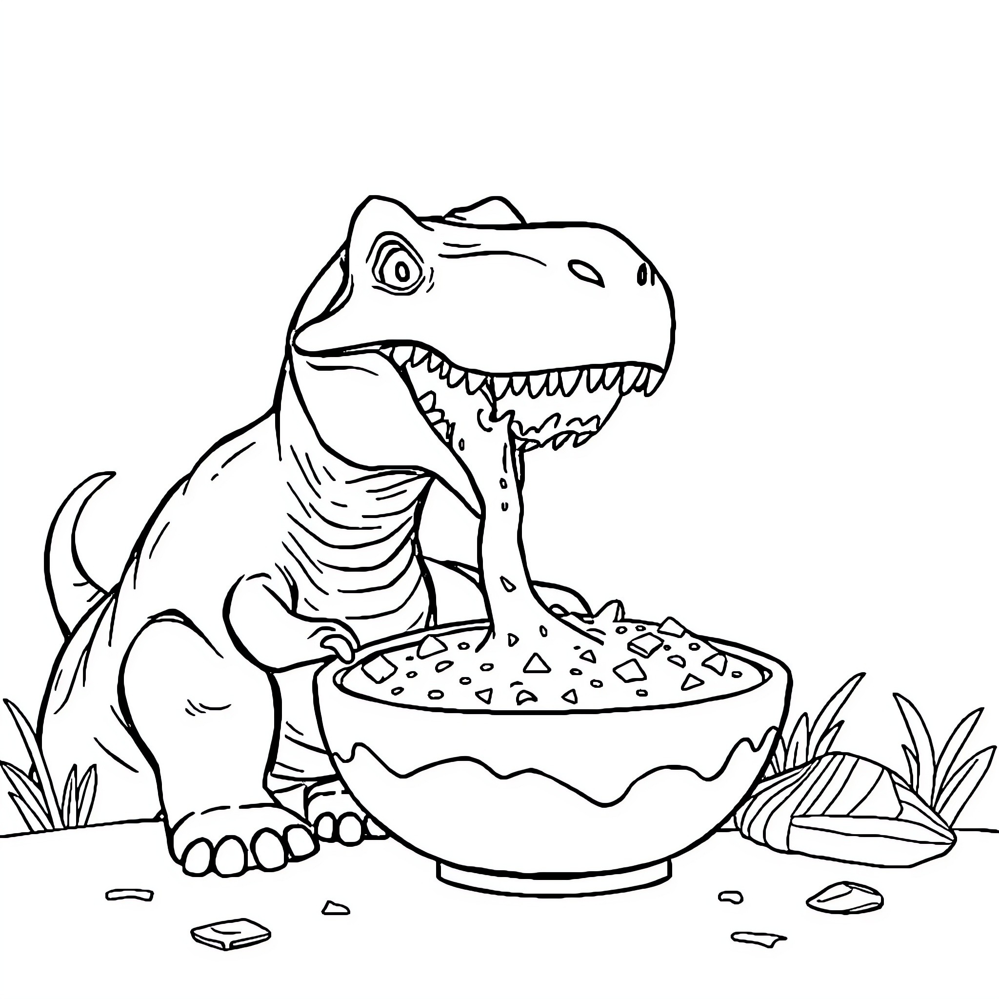 Dinosaur enjoying a delicious meal Coloring Page (free black-and-white line drawing printable PDF for all, from beginners to advanced learners, including children, teens, adults, and seniors)
