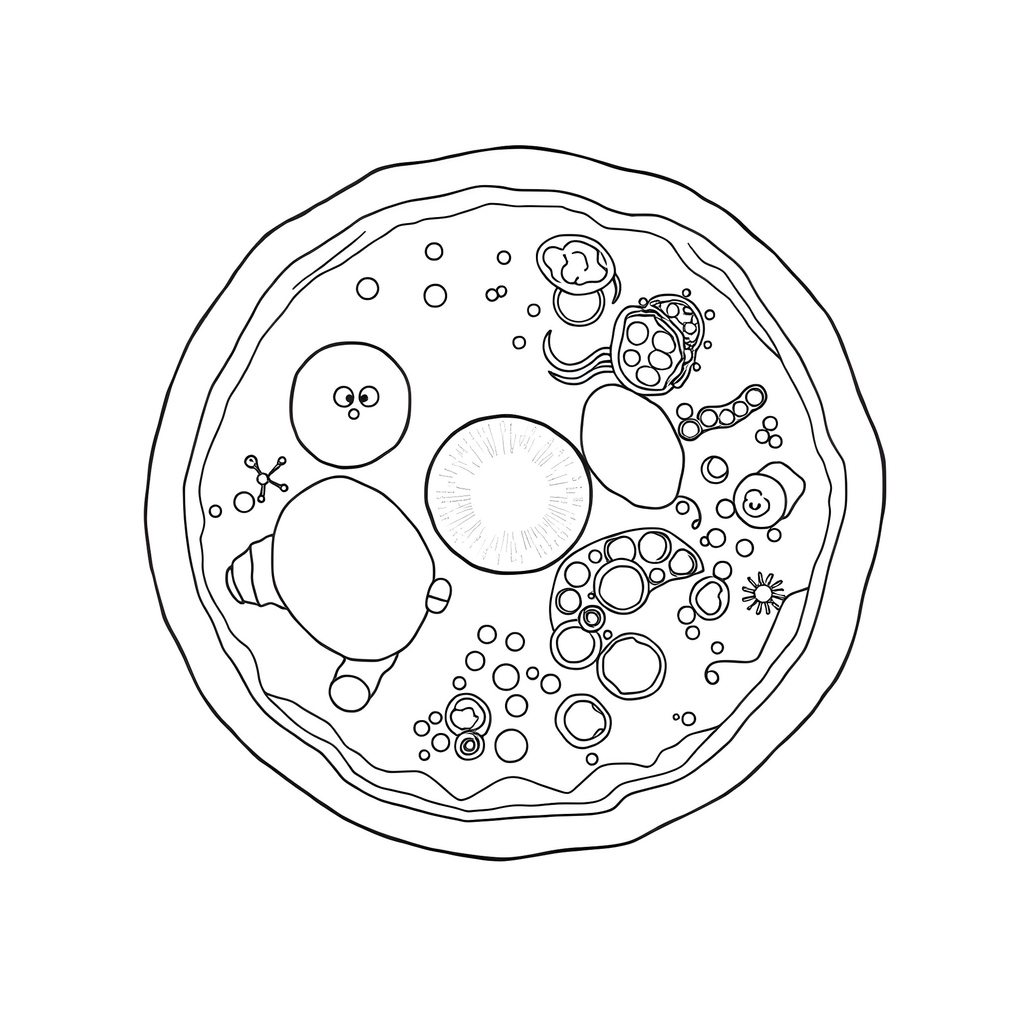 Animal Cell with Microscopic Organisms Coloring Page (free black-and-white line drawing printable PDF for all, from beginners to advanced learners, including children, teens, adults, and seniors)