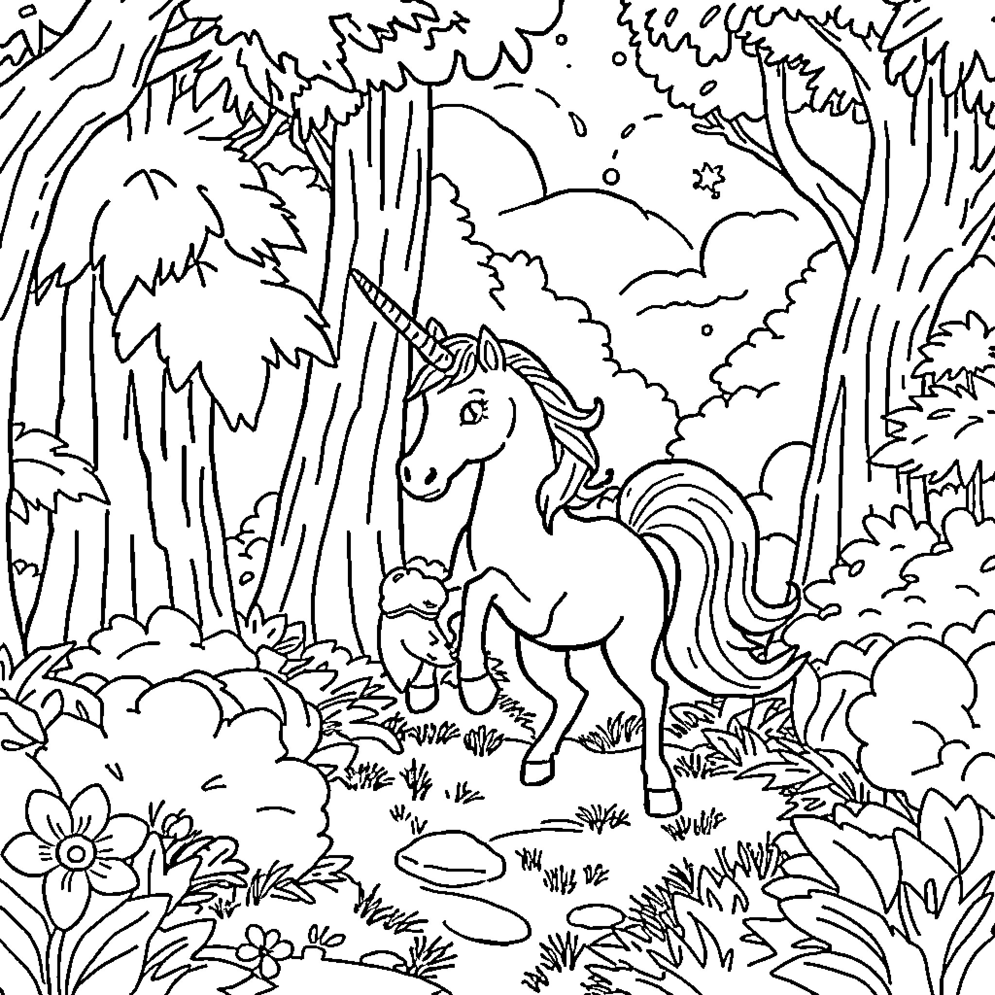 Reno's Enchanted Unicorn Adventure in the Whimsical Forest Coloring Page (free black-and-white line drawing printable PDF for all, from beginners to advanced learners, including children, teens, adults, and seniors)