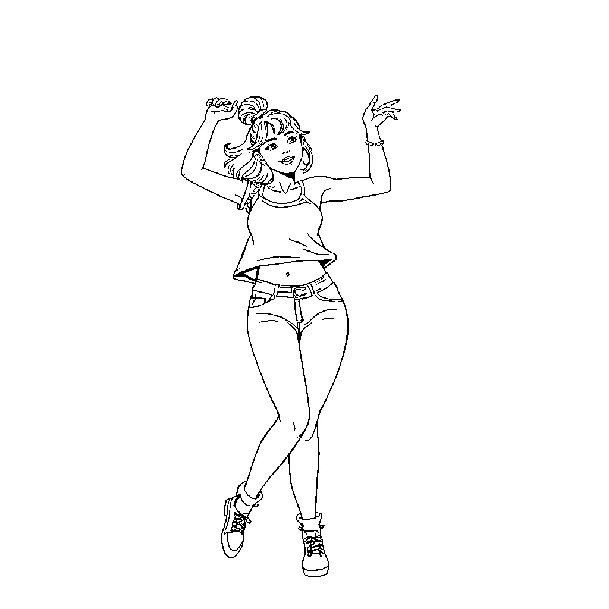 Miley Cyrus dancing energetically in casual outfit Coloring Page (free black-and-white line drawing printable PDF for all, from beginners to advanced learners, including children, teens, adults, and seniors)
