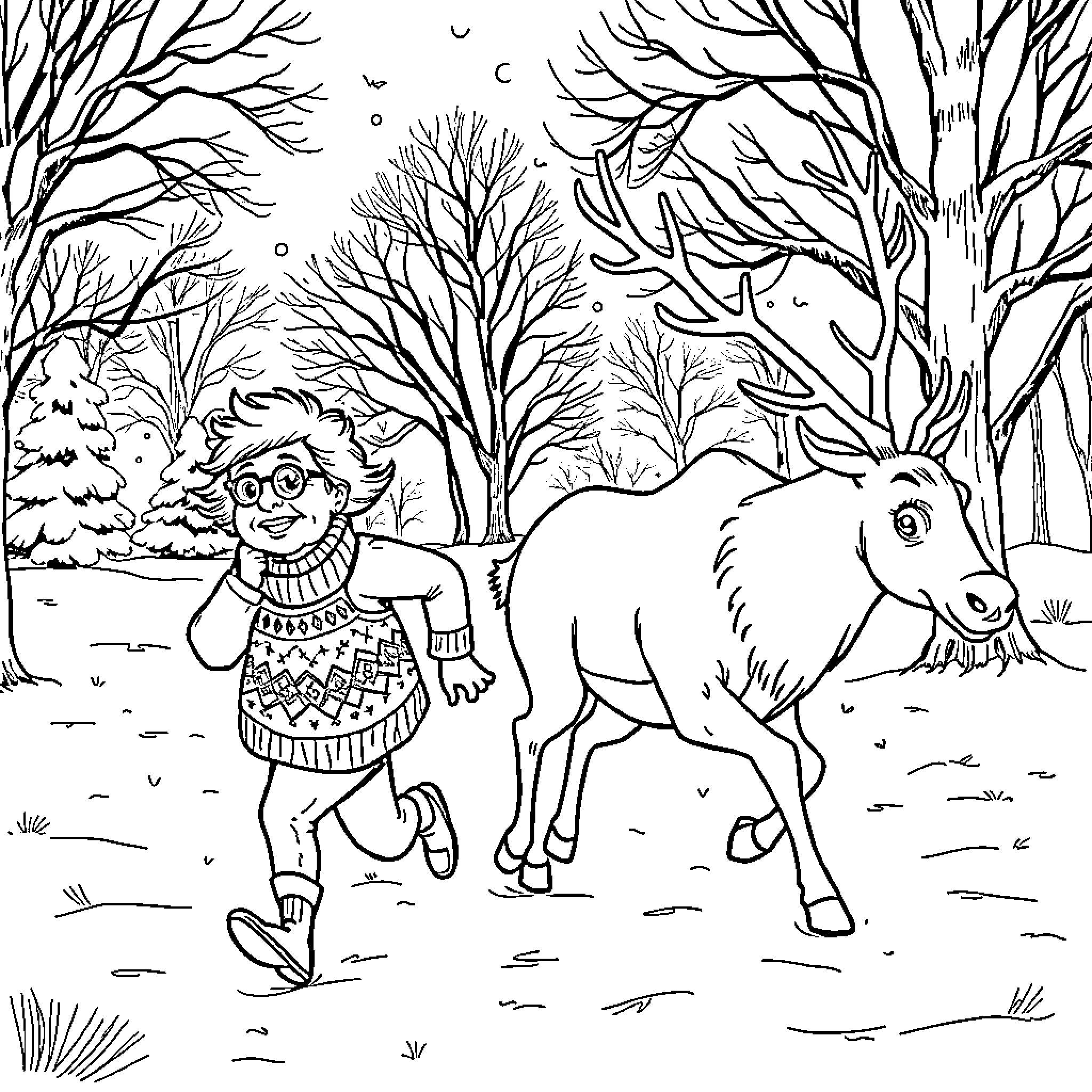 Grandma's Winter Adventure with Friendly Pony Coloring Page (free black-and-white line drawing printable PDF for all, from beginners to advanced learners, including children, teens, adults, and seniors)