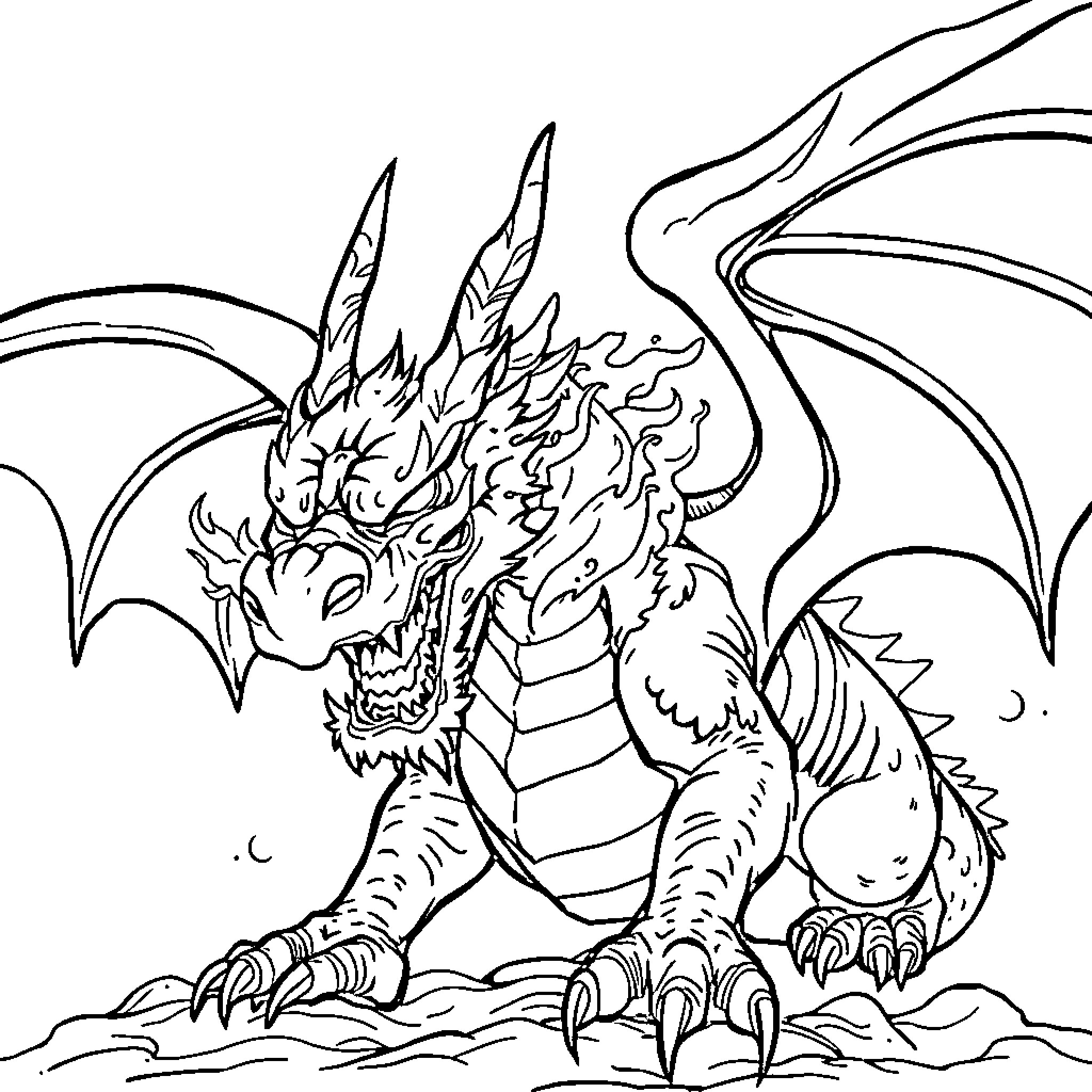 Dragon roaring fiercely in the sky Coloring Page (free black-and-white line drawing printable PDF for all, from beginners to advanced learners, including children, teens, adults, and seniors)