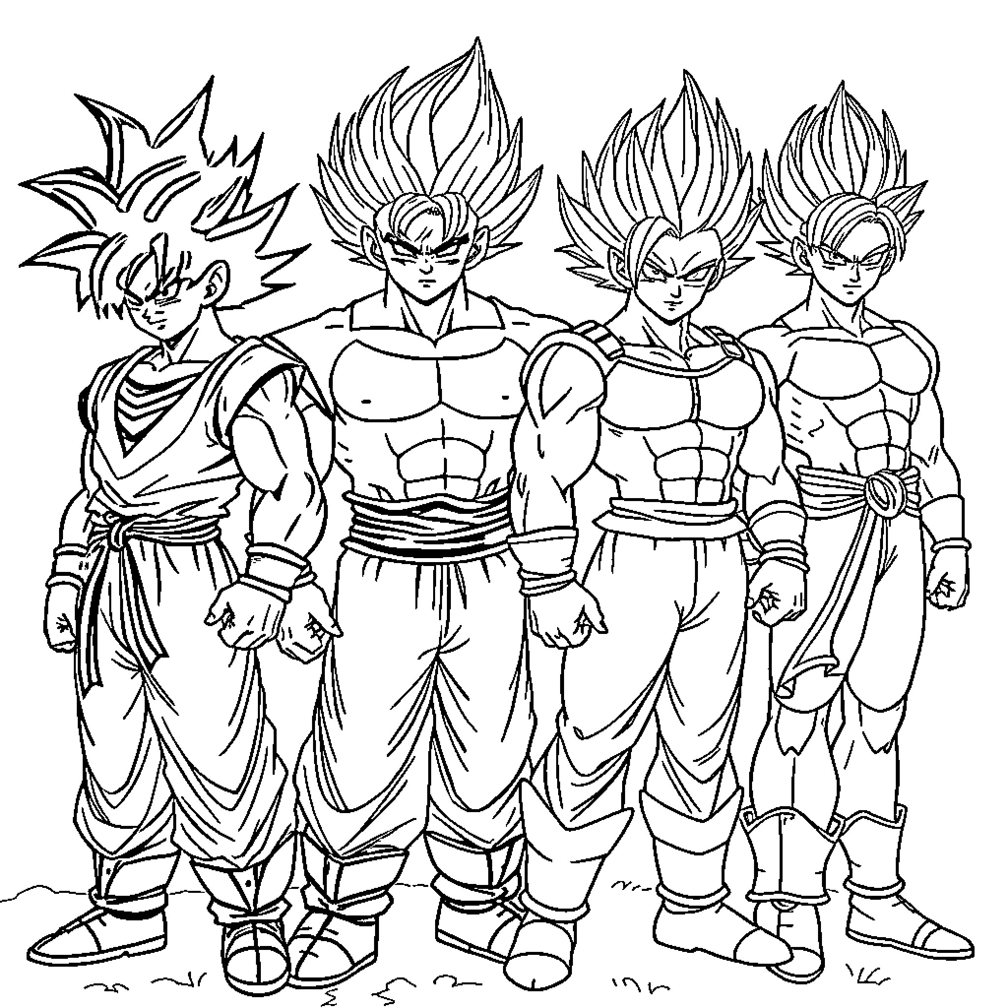 Dragon Ball Characters in Action Poses Coloring Page (free black-and-white line drawing printable PDF for all, from beginners to advanced learners, including children, teens, adults, and seniors)