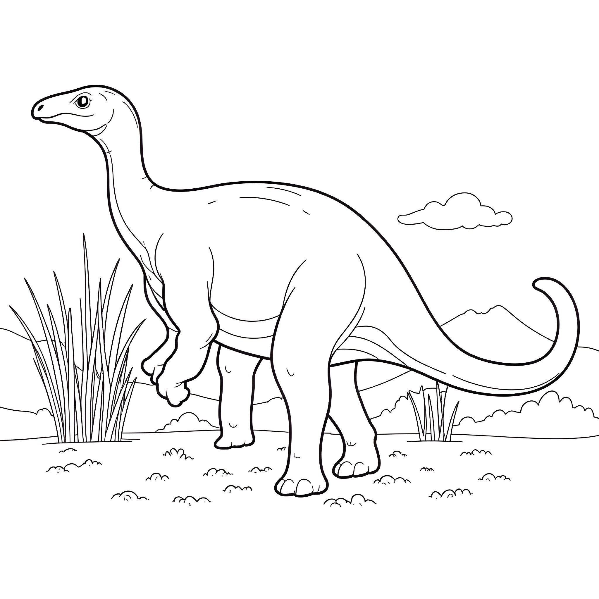 Brontosaurus exploring the prehistoric landscape Coloring Page (free black-and-white line drawing printable PDF for all, from beginners to advanced learners, including children, teens, adults, and seniors)