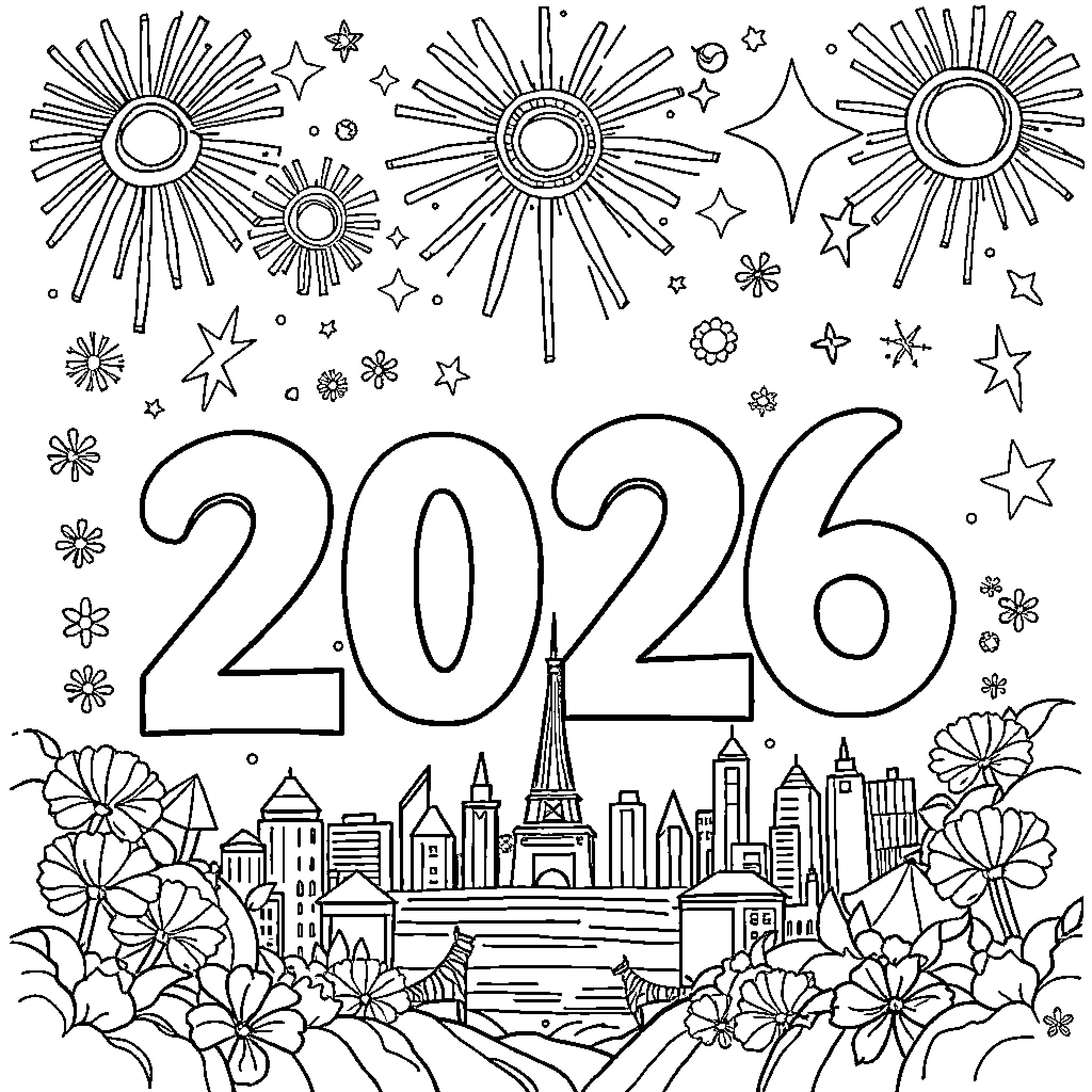 Year 2026 with Decorative Celestial Elements Coloring Page (free black-and-white line drawing printable PDF for all, from beginners to advanced learners, including children, teens, adults, and seniors)