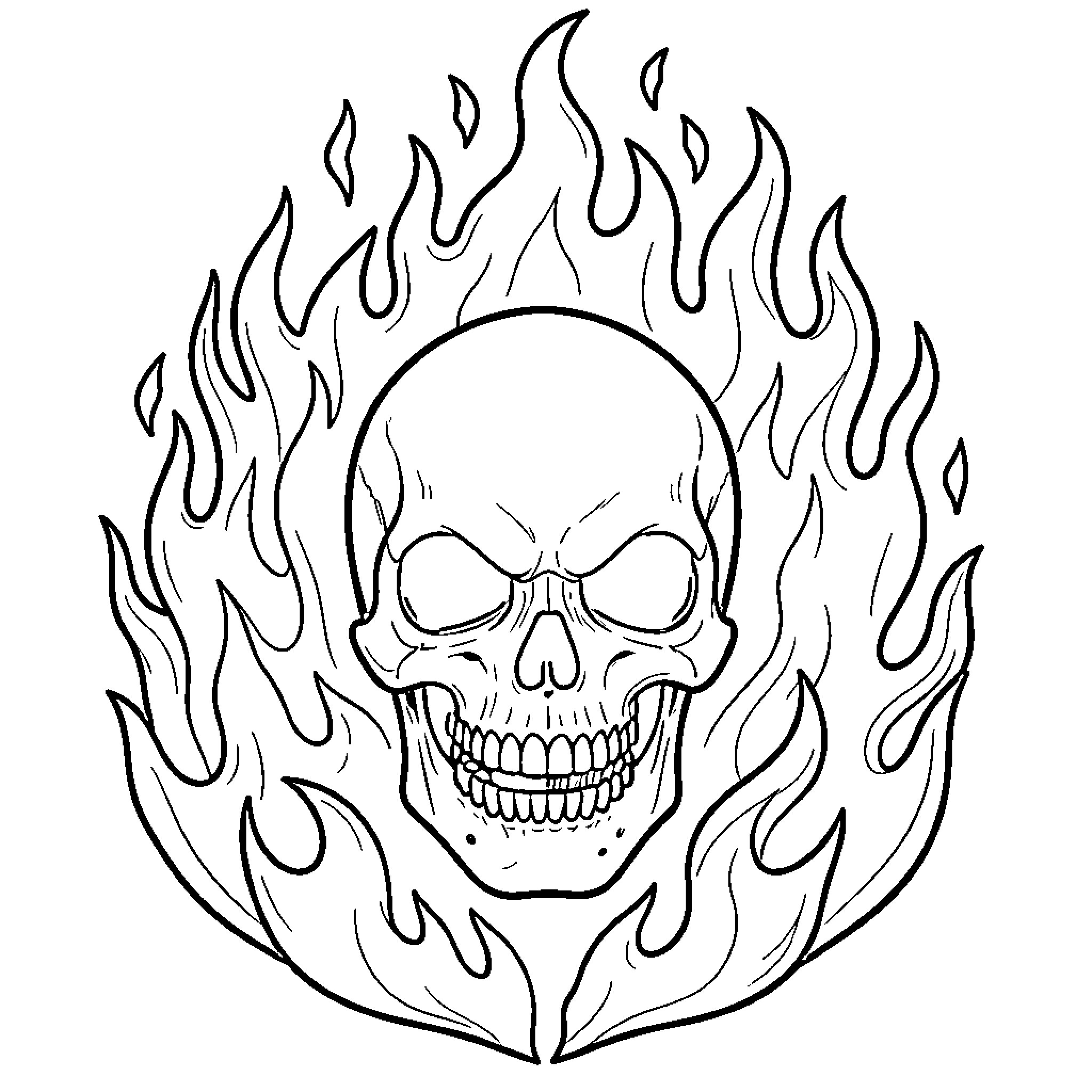 Skull engulfed in flames Coloring Page (free black-and-white line drawing printable PDF for all, from beginners to advanced learners, including children, teens, adults, and seniors)