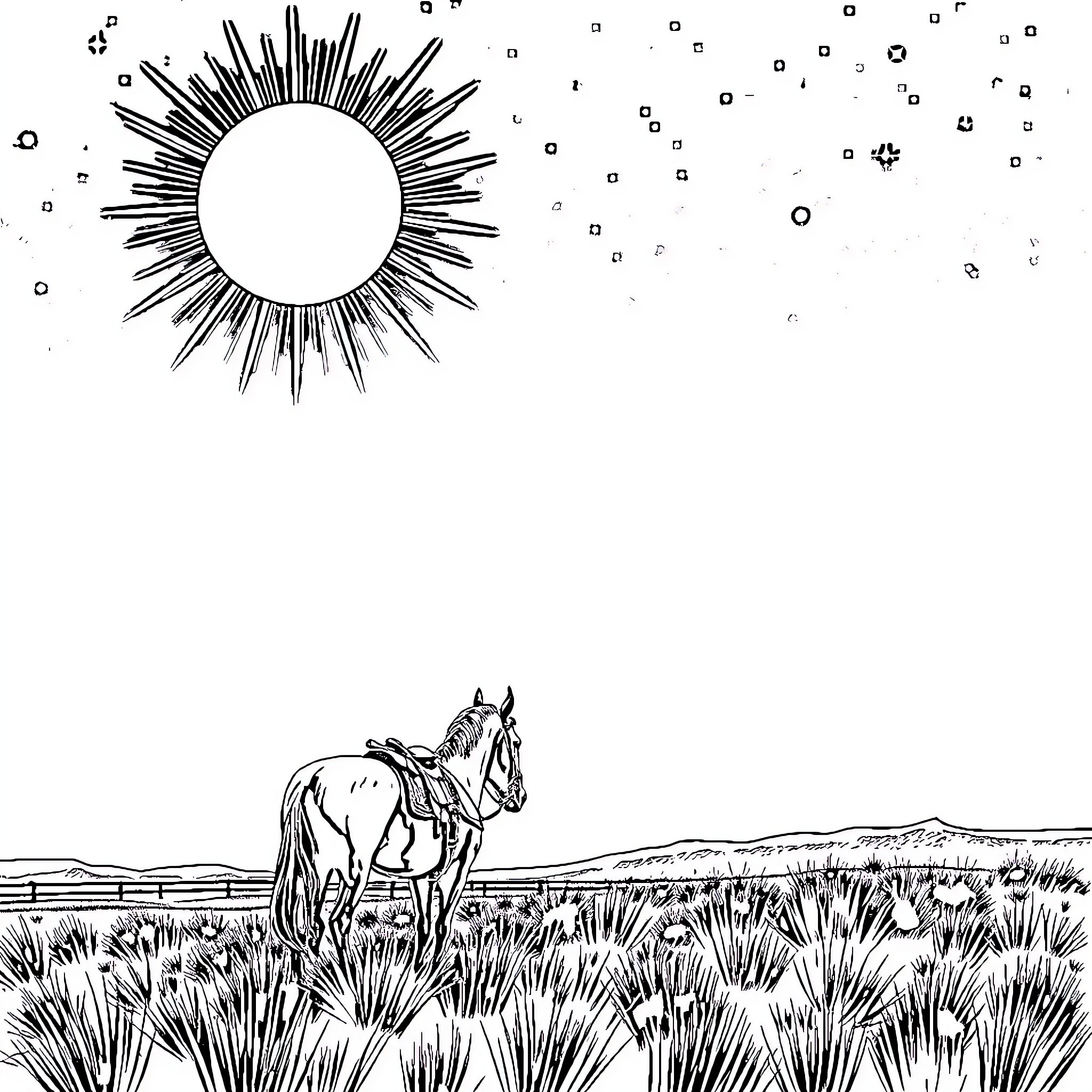 Cowboy riding horse under shining sun Coloring Page (free black-and-white line drawing printable PDF for all, from beginners to advanced learners, including children, teens, adults, and seniors)