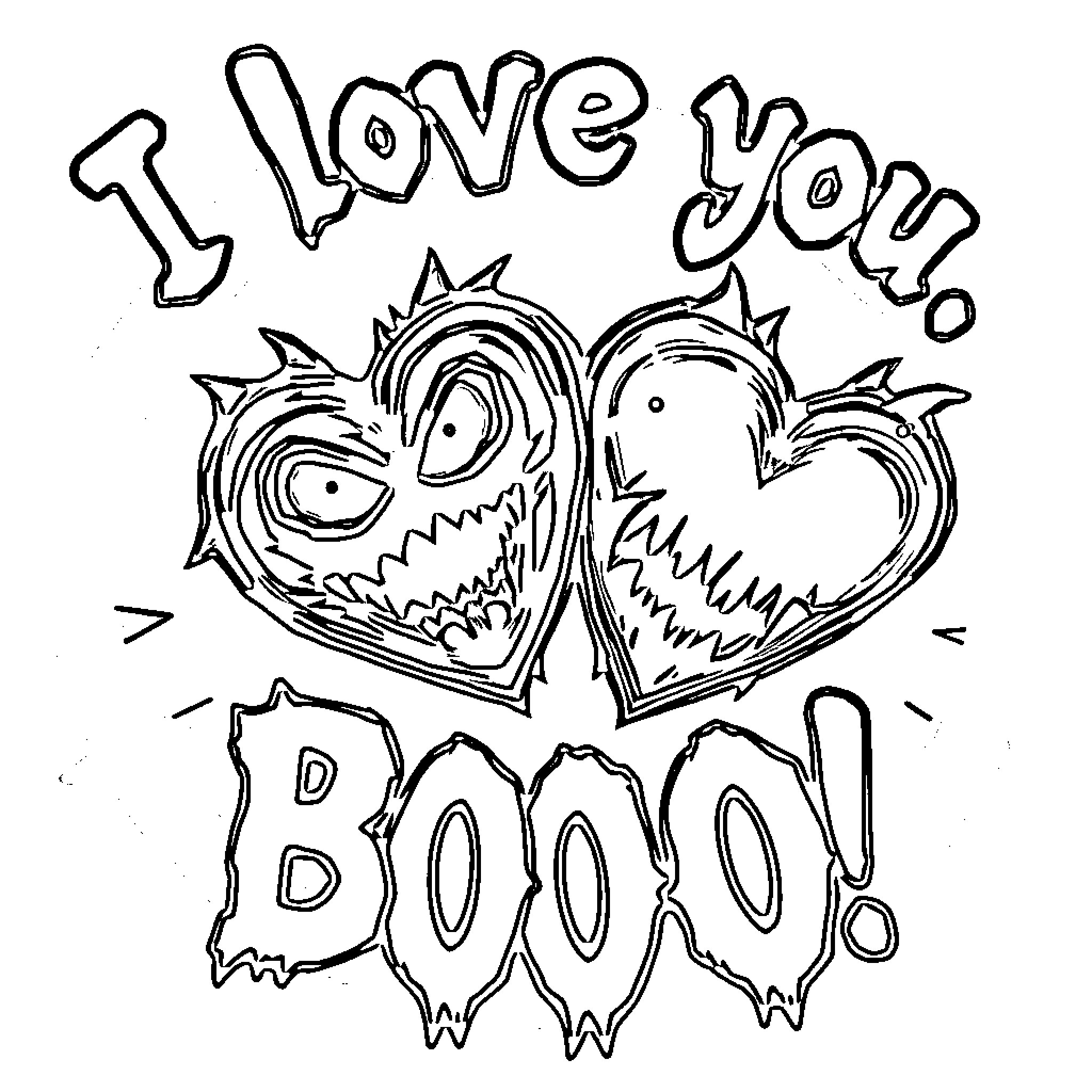 Heart-shaped monster expressions declare love Coloring Page (free black-and-white line drawing printable PDF for all, from beginners to advanced learners, including children, teens, adults, and seniors)